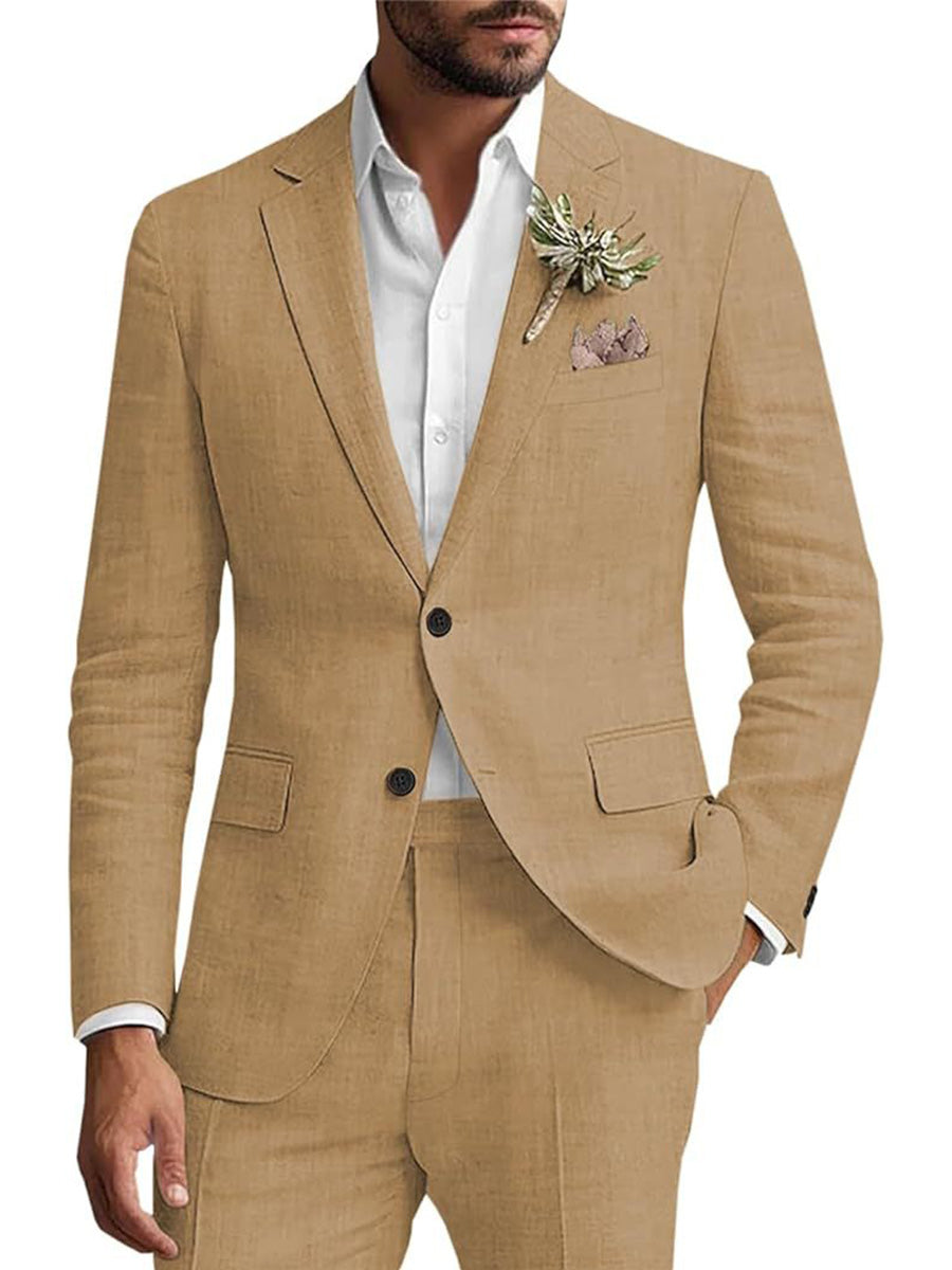 Costume Homme 2 Pièces BRUN en Lin Pour le Marié et les Affaires Décontractées Élégance Respirante