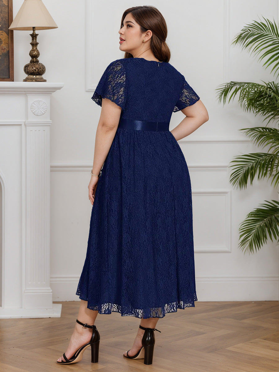 Cicinia Bleu Marine Robe pour Mère de la Mariée Longue en Dentelle A-Line Longueur Midi (Thé) Manches Courtes Grande Taille
