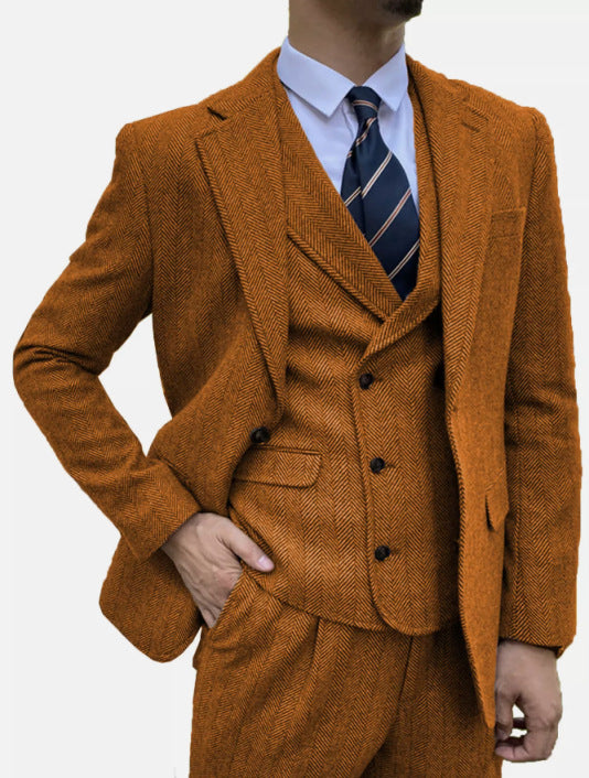 Costume Homme 3 Pièces en ORANGE en Tweed à Motif Chevron Style Rétro et Coupe Slim pour Affaires Décontracté