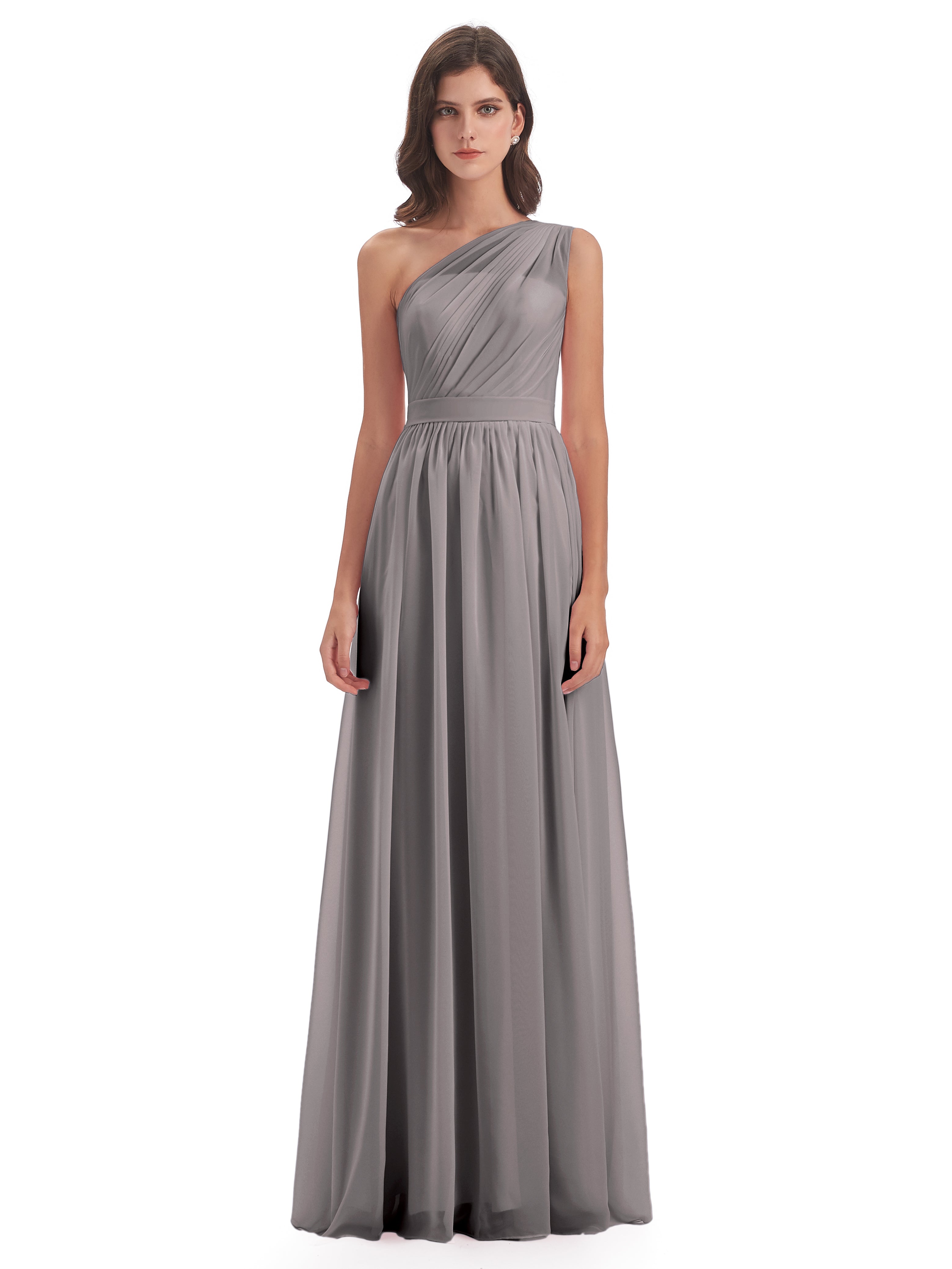 Robe Demoiselle D Honneur Argenté Trapèze Seule-Épaule Mousseline Robes Demoiselle D'Honneur