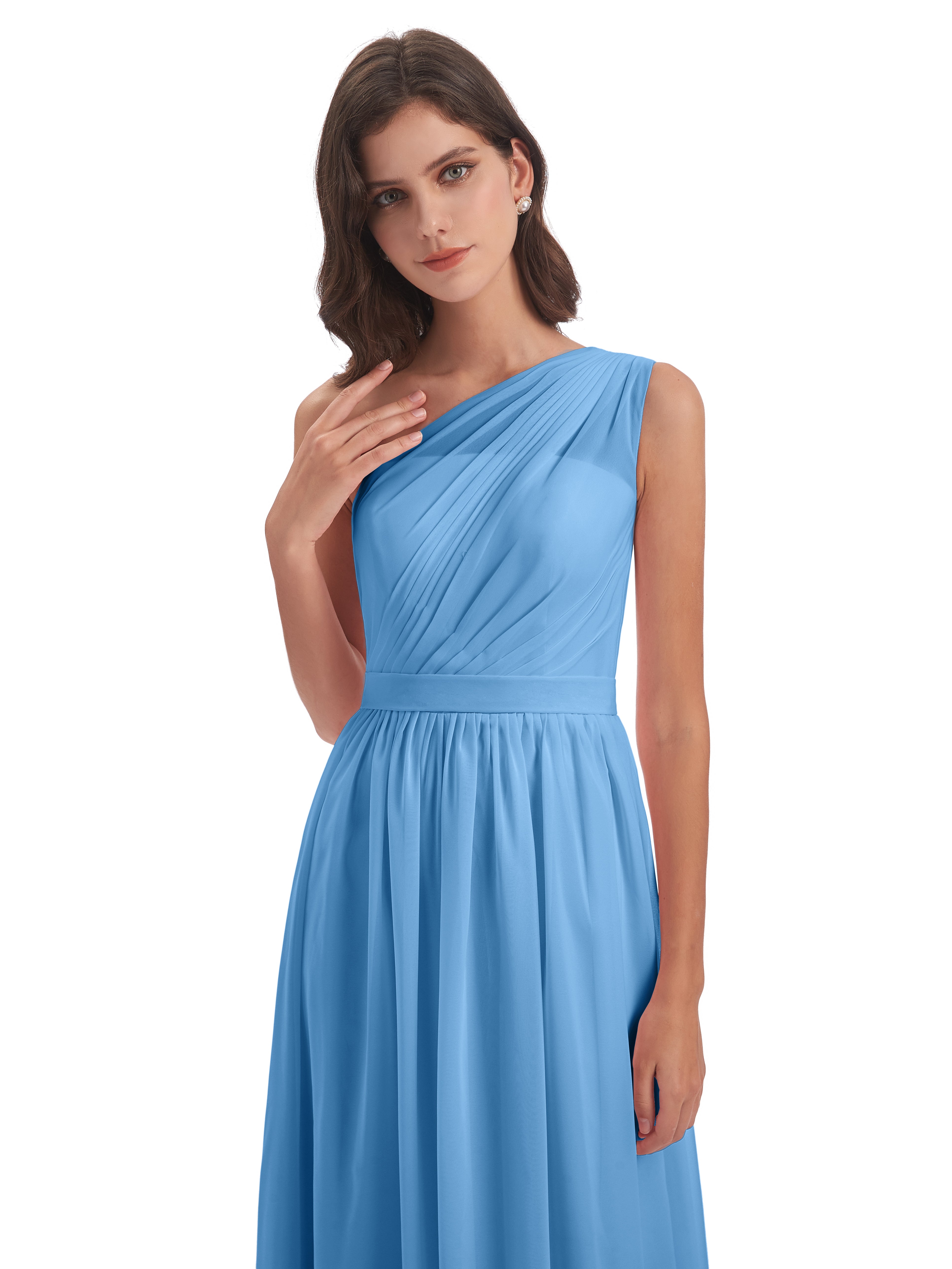 Robes De Demoiselle D'Honneur Bleues Trapèze Seule-Épaule Mousseline Robes Demoiselle D'Honneur