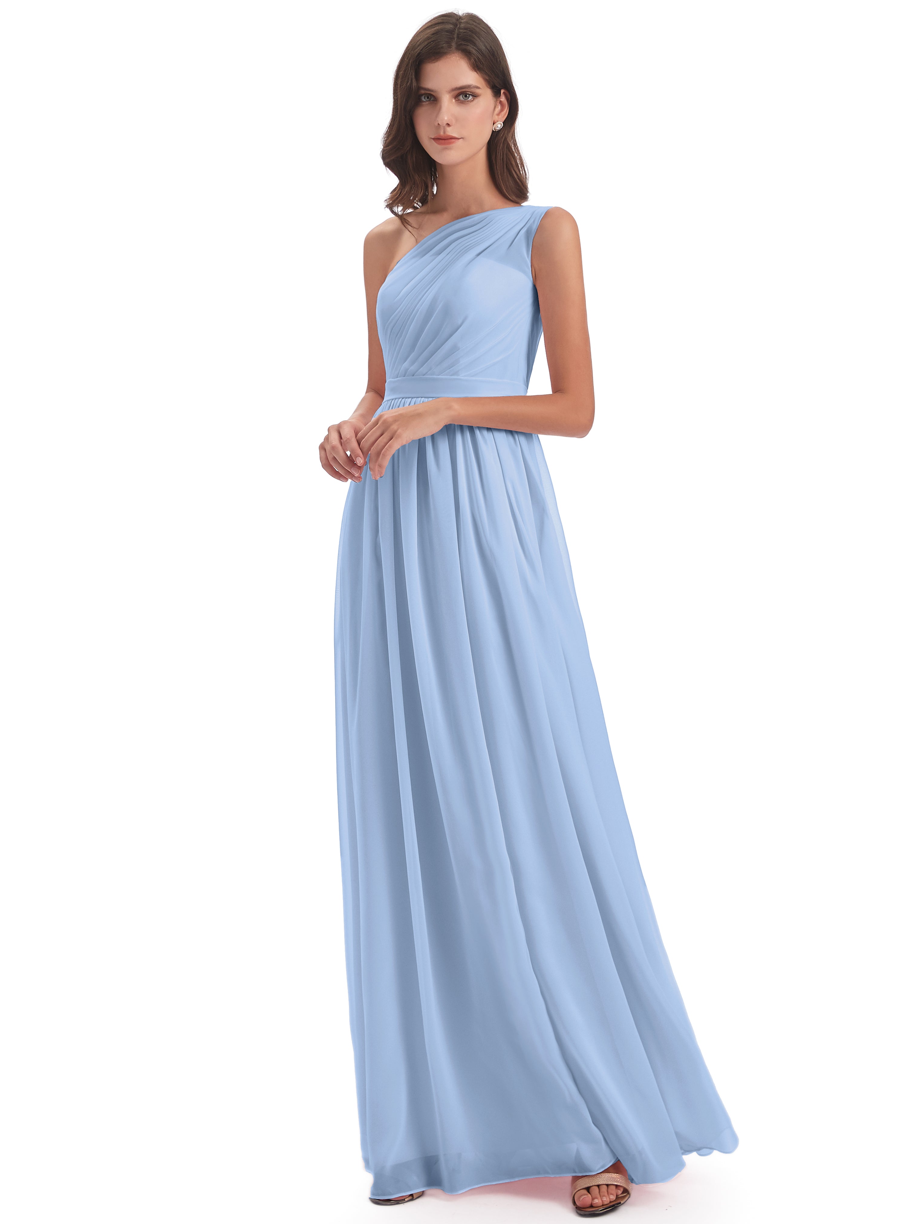 Robe Demoiselle D Honneur Bleu Ciel Trapèze Seule-Épaule Mousseline Robes Demoiselle D'Honneur