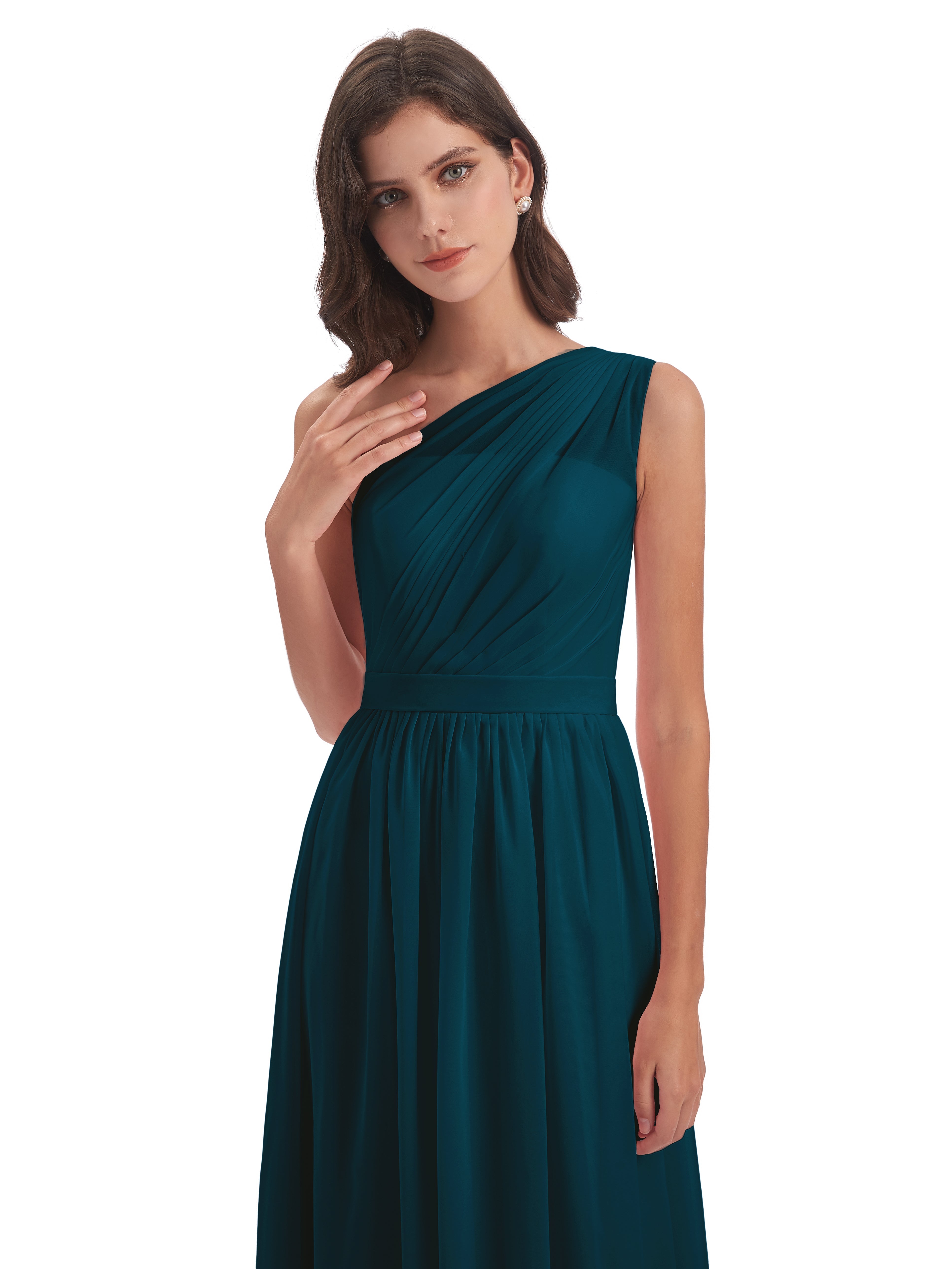 Robes De Demoiselle D'Honneur Bleu Encre Trapèze Seule-Épaule Mousseline Robes Demoiselle D'Honneur