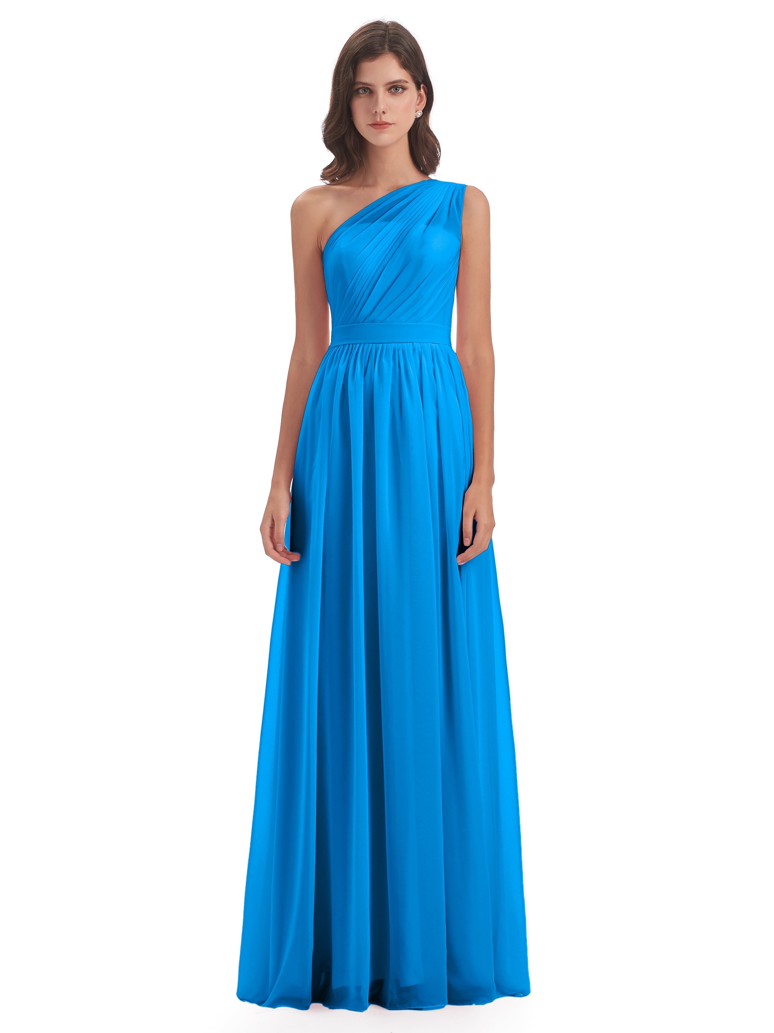 Robes De Demoiselle D'Honneur Bleu Océan A-ligne Seule-Épaule Mousseline Robes Demoiselle D'Honneur