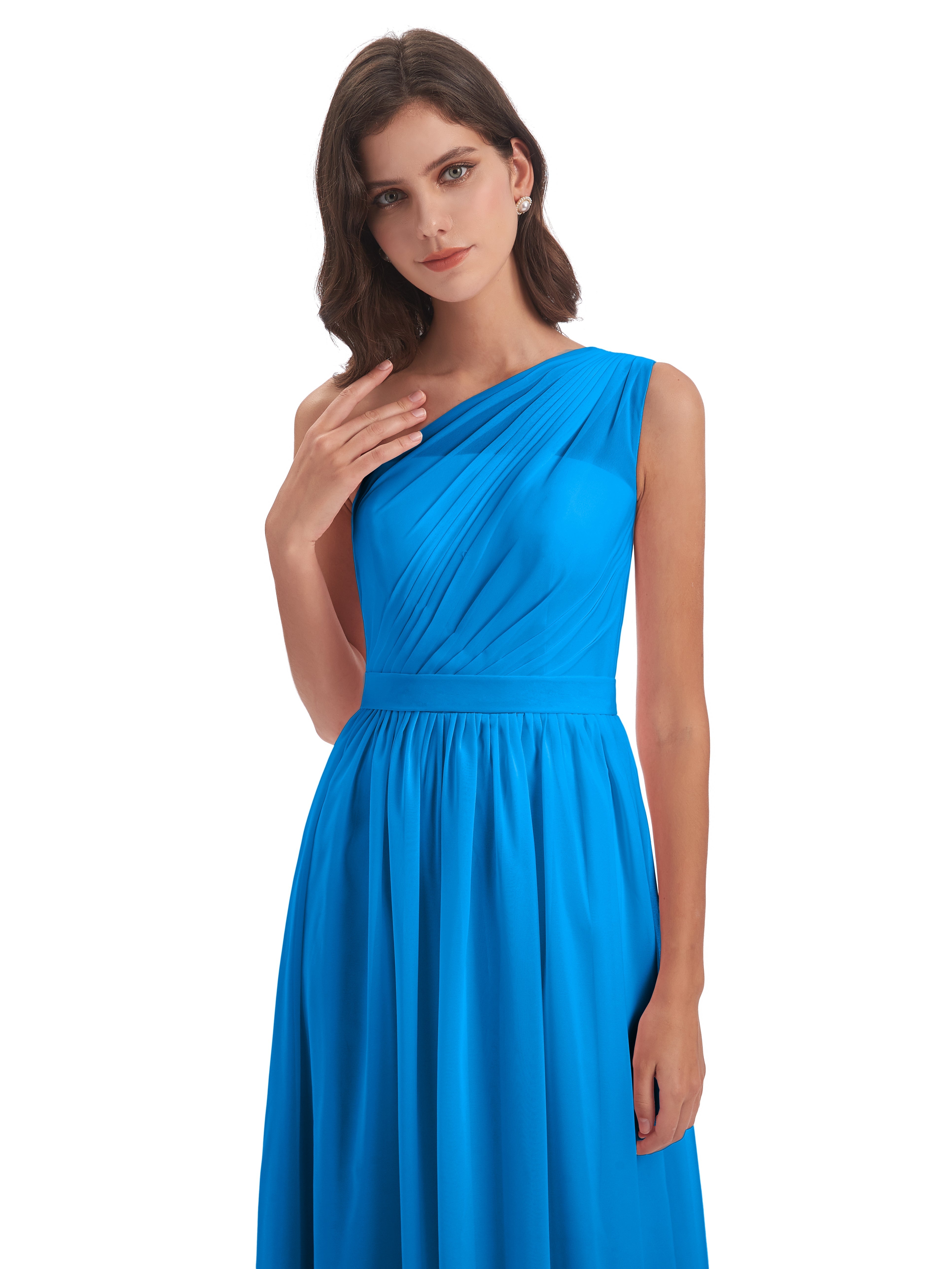 Robes De Demoiselle D'Honneur Bleu Océan A-ligne Seule-Épaule Mousseline Robes Demoiselle D'Honneur
