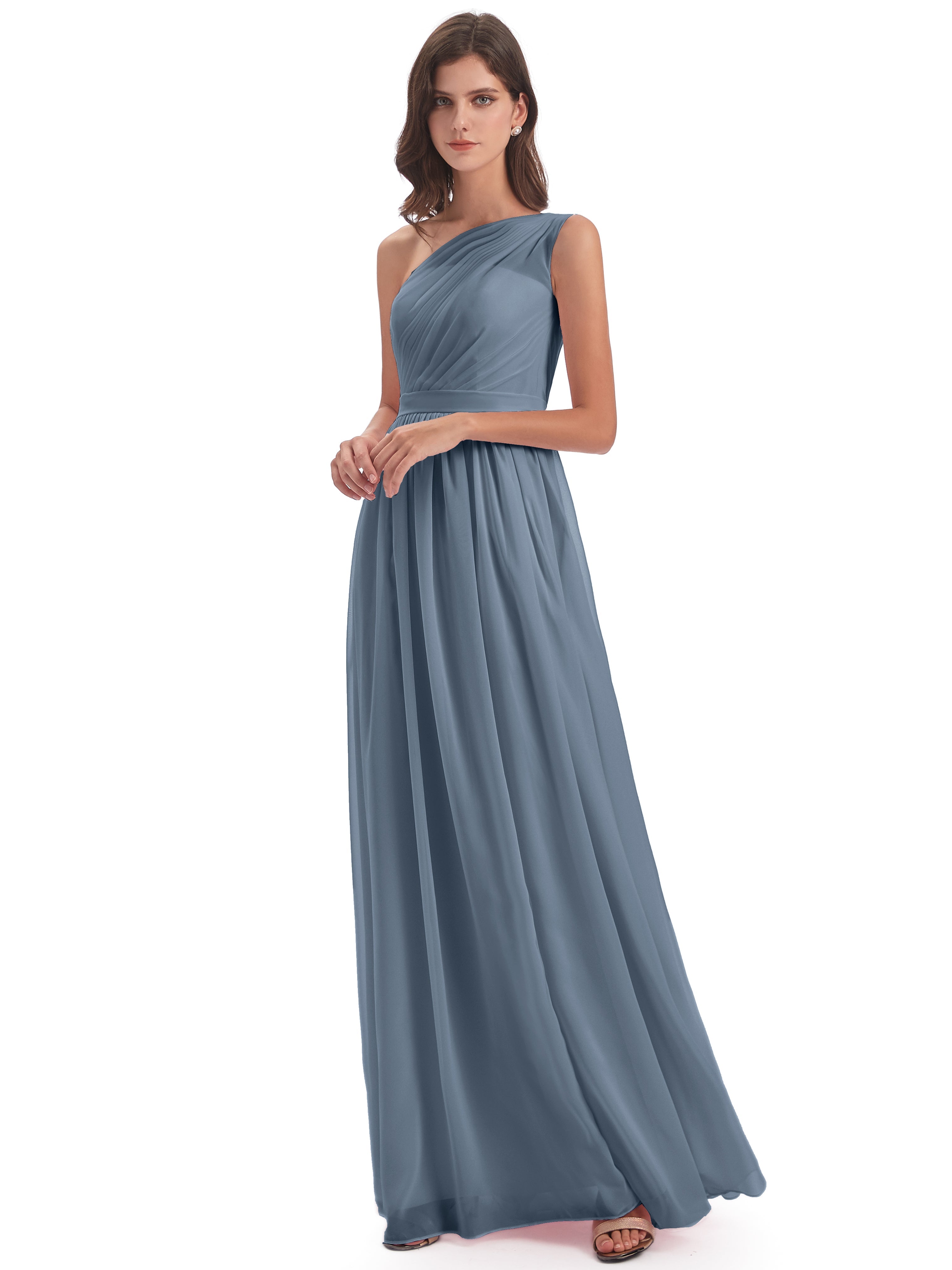 Robes De Demoiselle D'Honneur Bleu Gris Trapèze Seule-Épaule Mousseline Robes Demoiselle D'Honneur