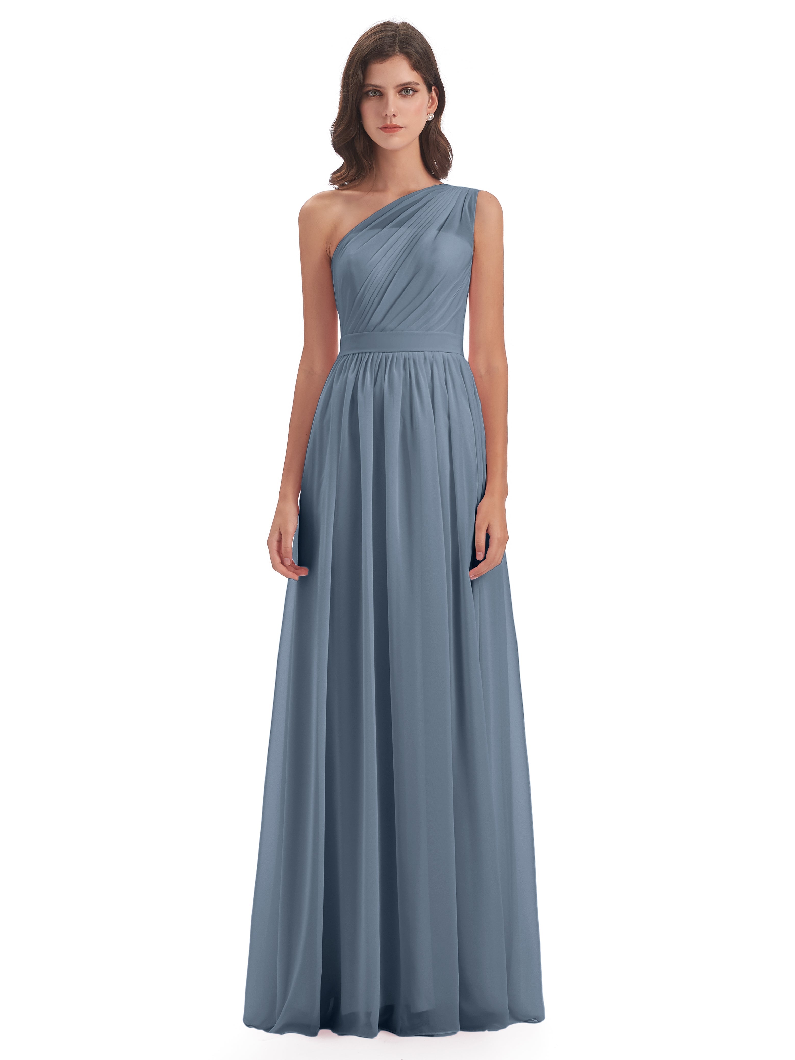 Robes De Demoiselle D'Honneur Bleu Gris Trapèze Seule-Épaule Mousseline Robes Demoiselle D'Honneur