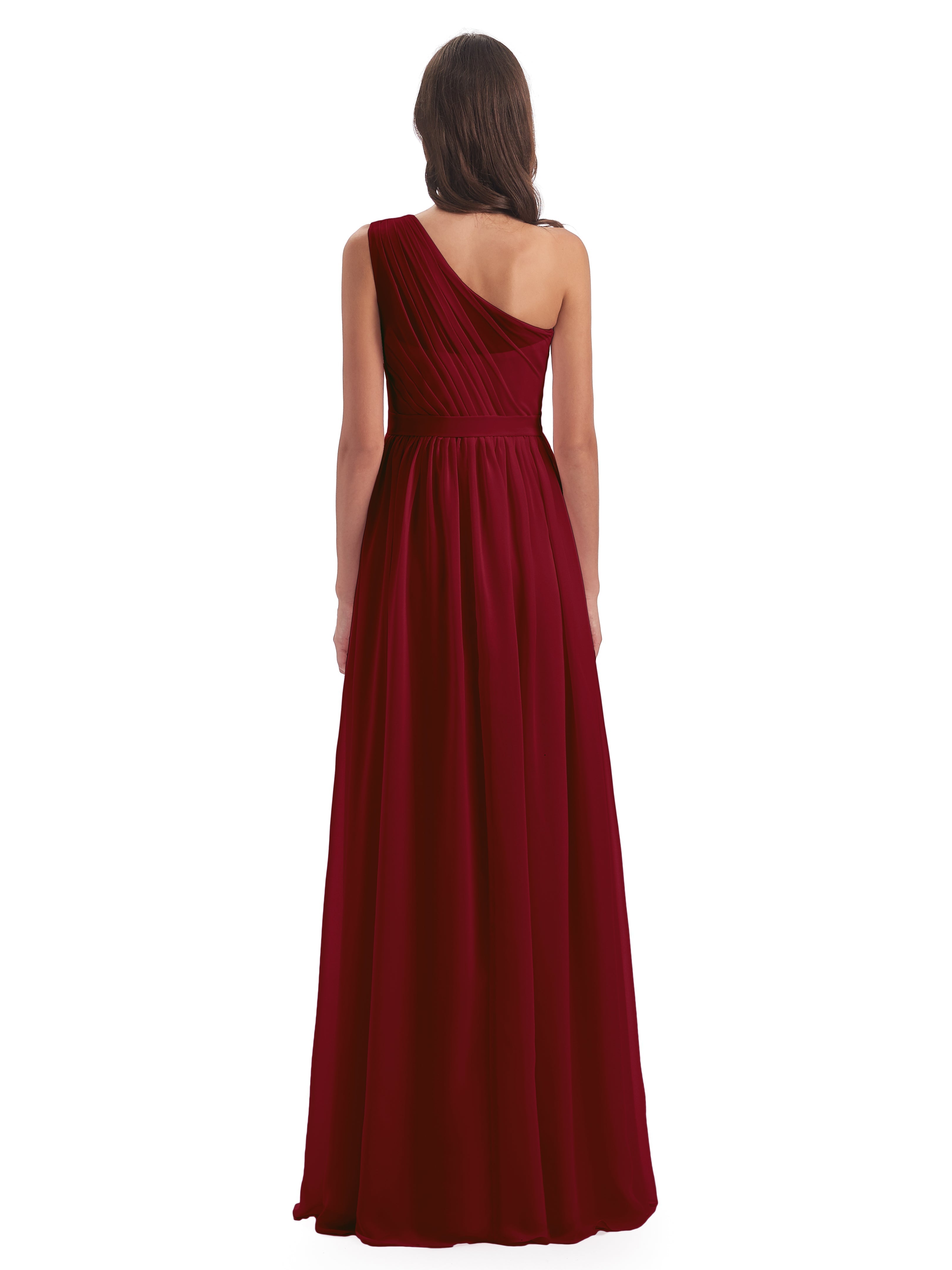 Modestes Robes De Demoiselle D'Honneur Bordeaux Trapèze Seule-Épaule Mousseline Robes Demoiselle D'Honneur