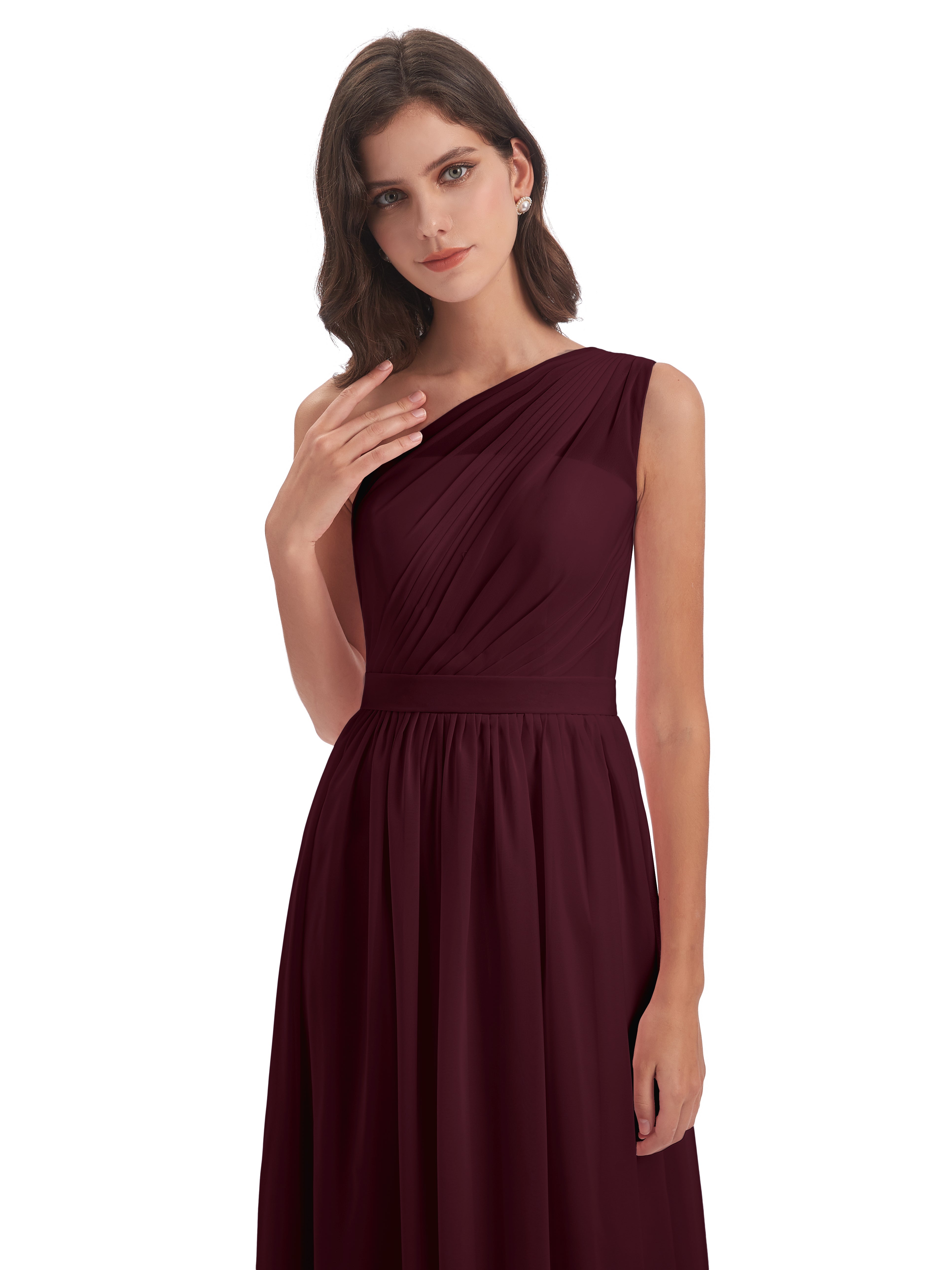 Robes De Demoiselle D'Honneur Cabernet A-ligne Seule-Épaule Mousseline Robes Demoiselle D'Honneur