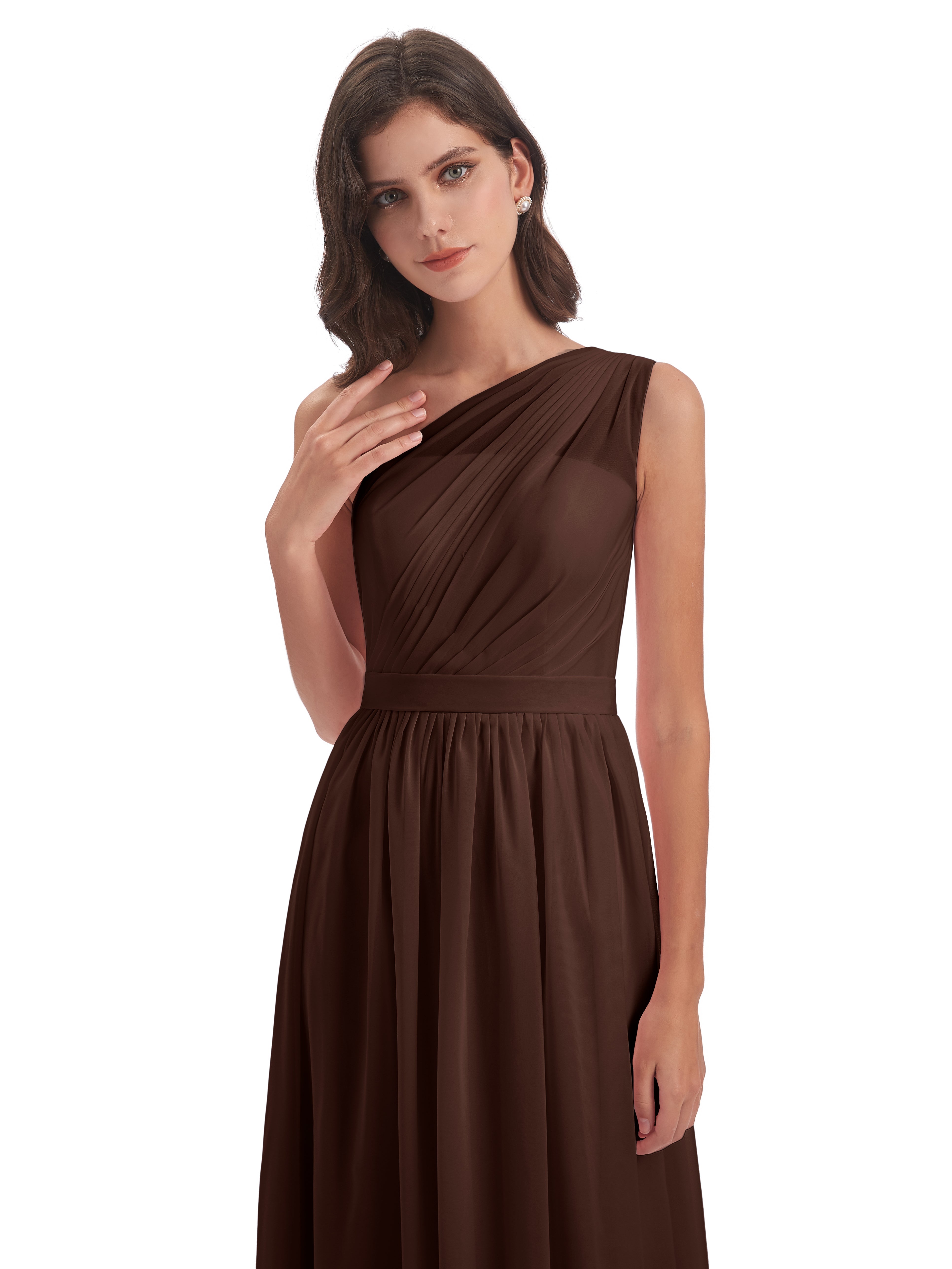 Robe Demoiselle D Honneur Chocolat Trapèze Seule-Épaule Mousseline Robes Demoiselle D'Honneur