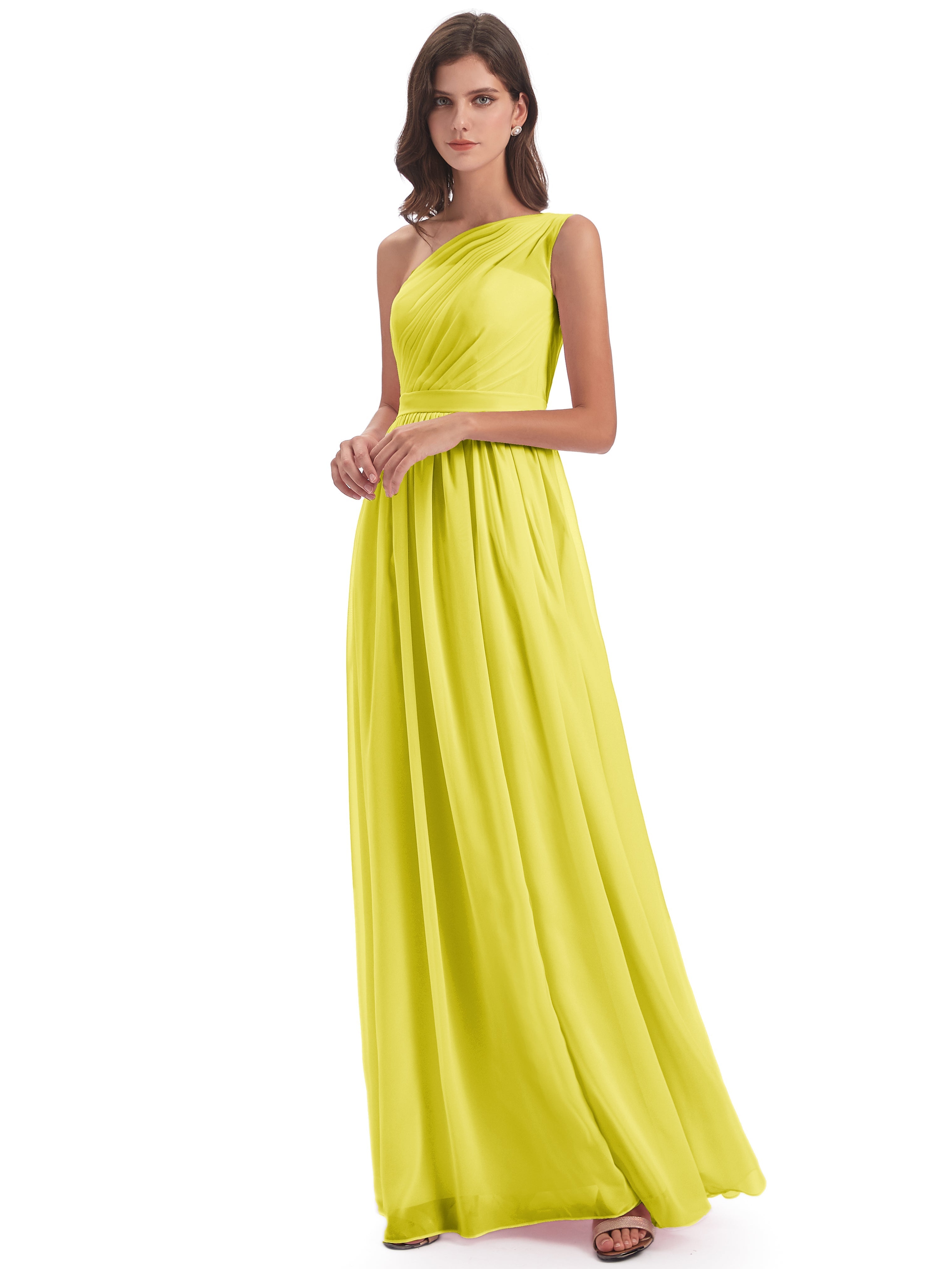 Robes De Demoiselle D'Honneur Citron A-ligne Seule-Épaule Mousseline Robes Demoiselle D'Honneur