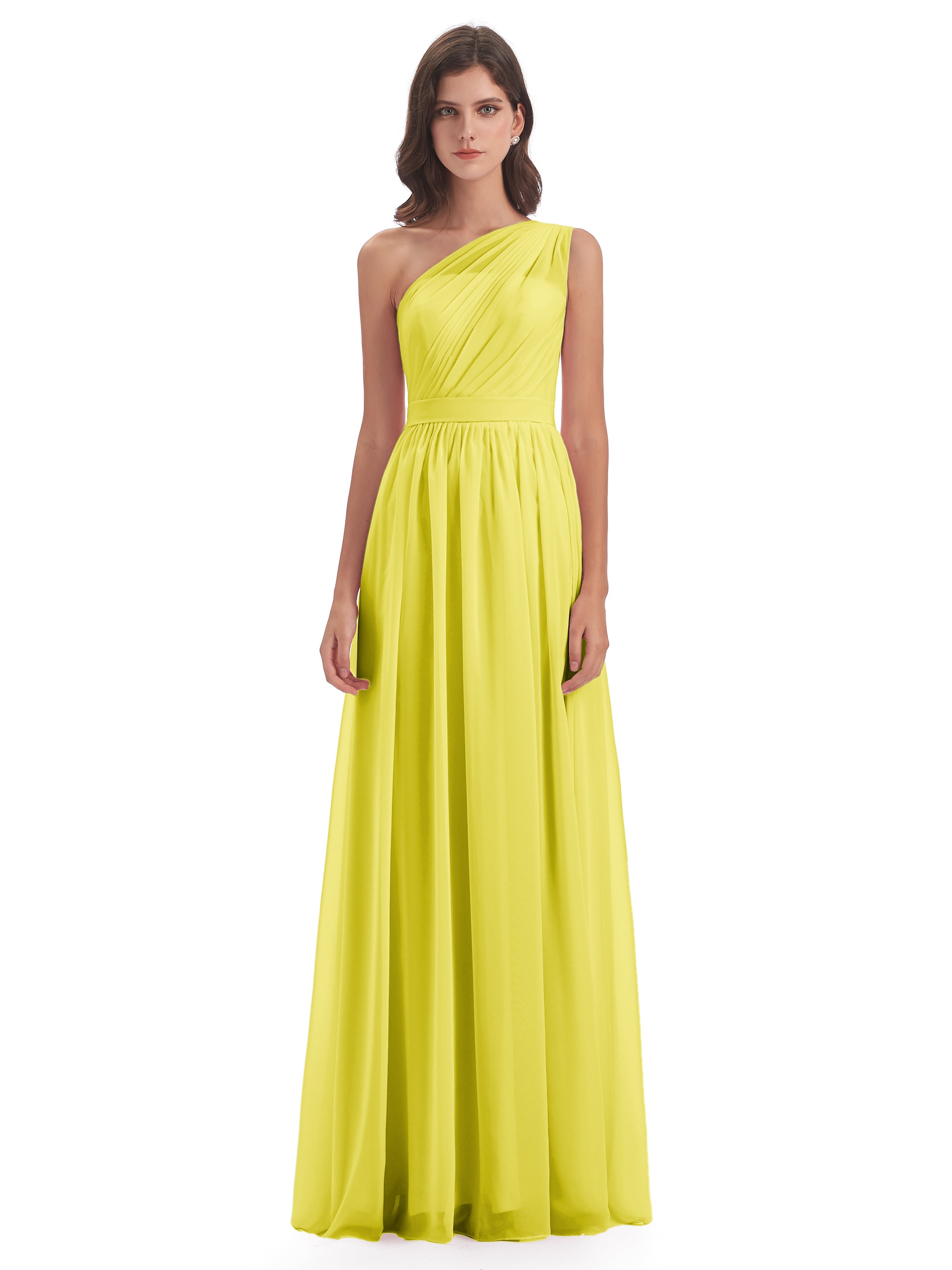 Robes De Demoiselle D'Honneur Citron A-ligne Seule-Épaule Mousseline Robes Demoiselle D'Honneur