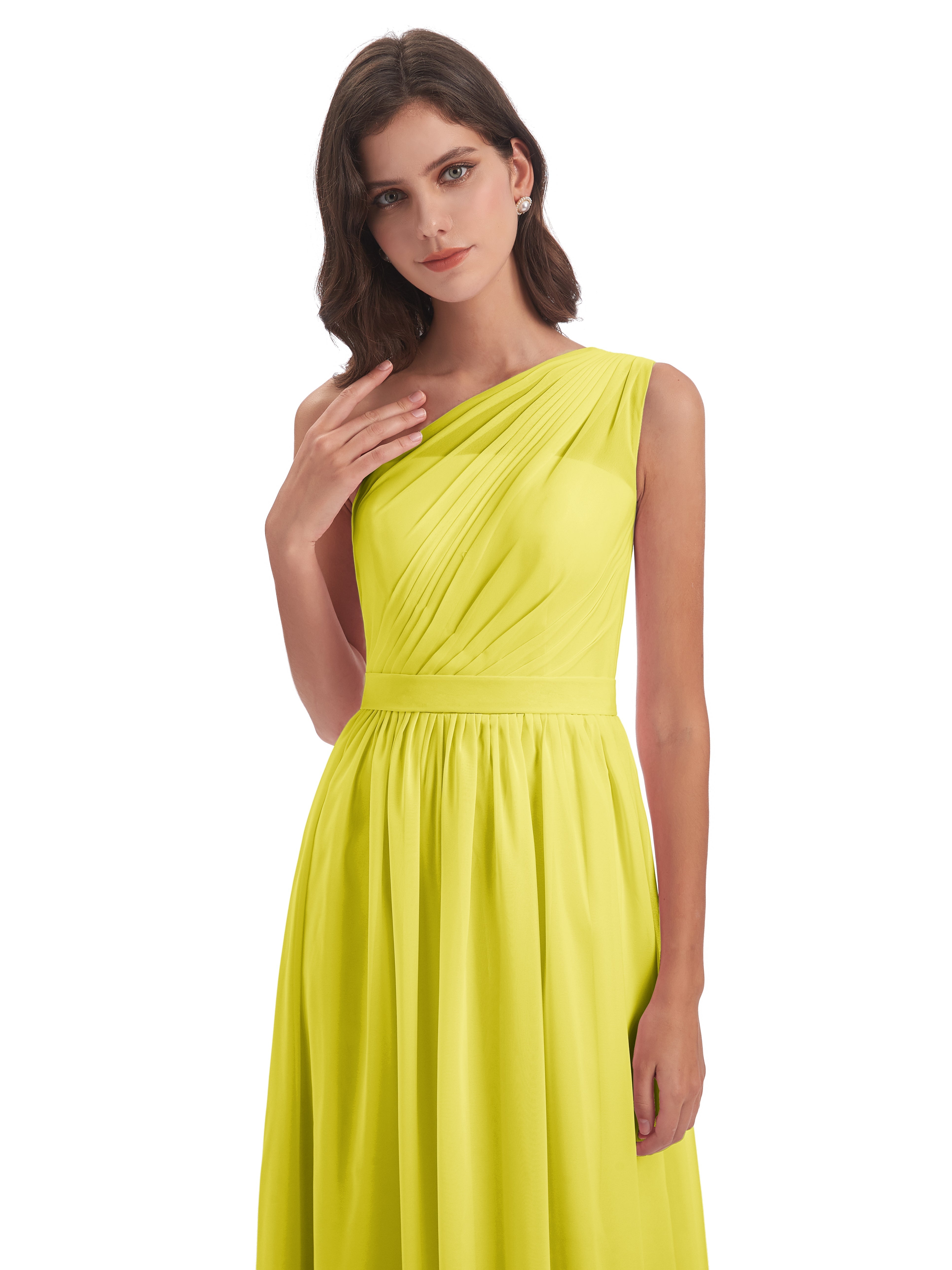 Robes De Demoiselle D'Honneur Citron A-ligne Seule-Épaule Mousseline Robes Demoiselle D'Honneur