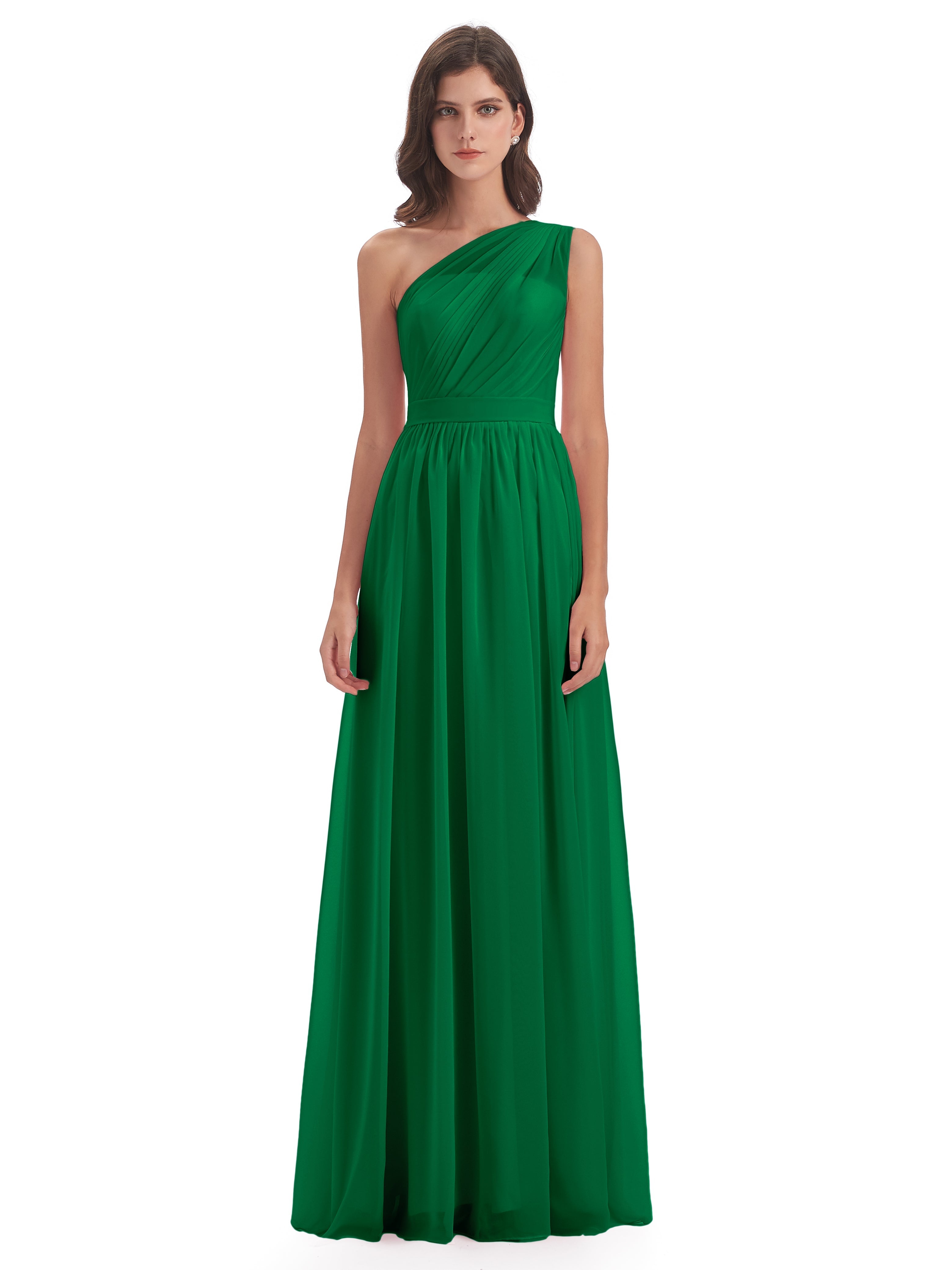 Robe Demoiselle D Honneur Vert Emeraude Trapèze Seule-Épaule Mousseline Robes Demoiselle D'Honneur