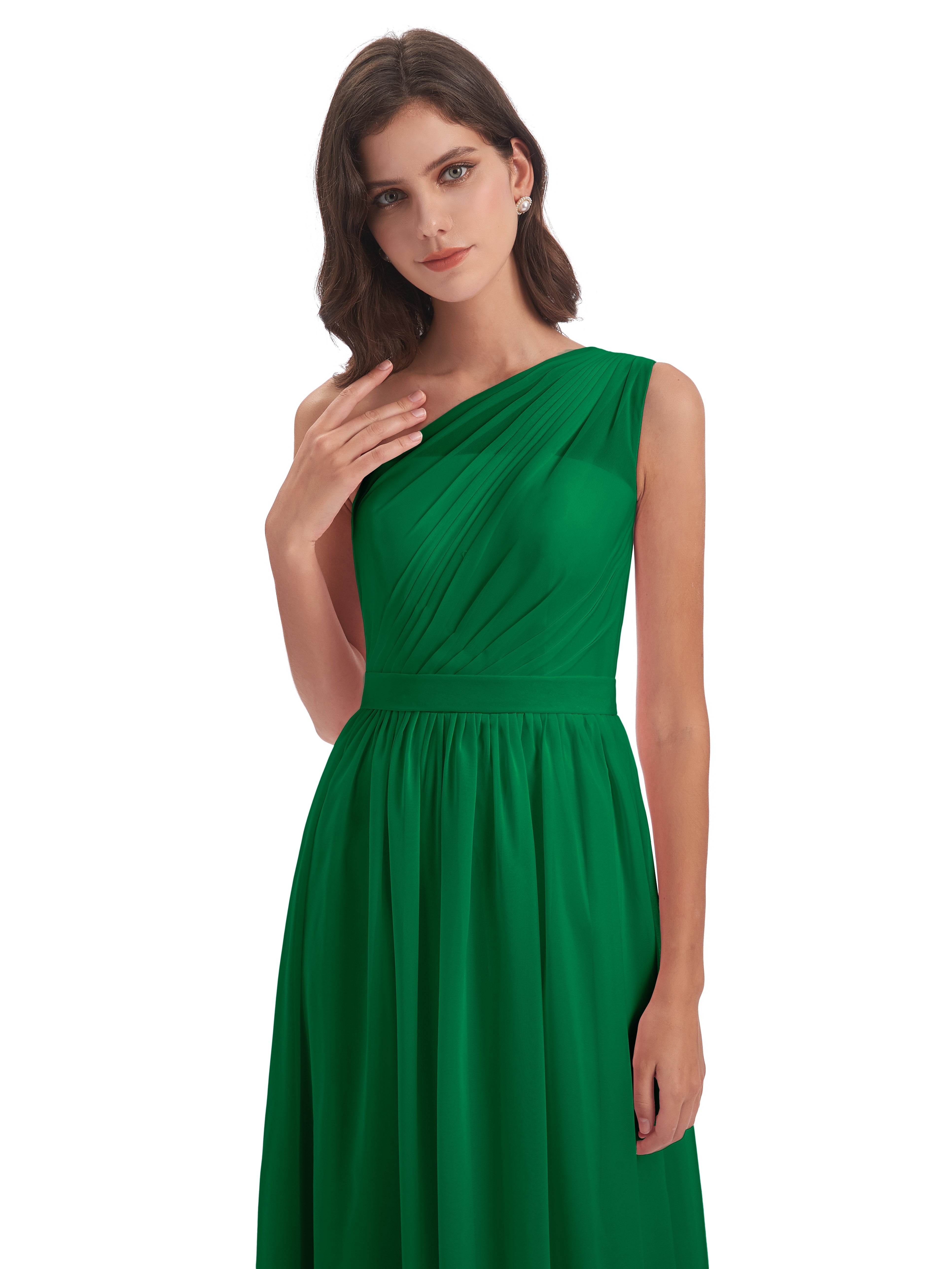 Robe Demoiselle D Honneur Vert Emeraude Trapèze Seule-Épaule Mousseline Robes Demoiselle D'Honneur