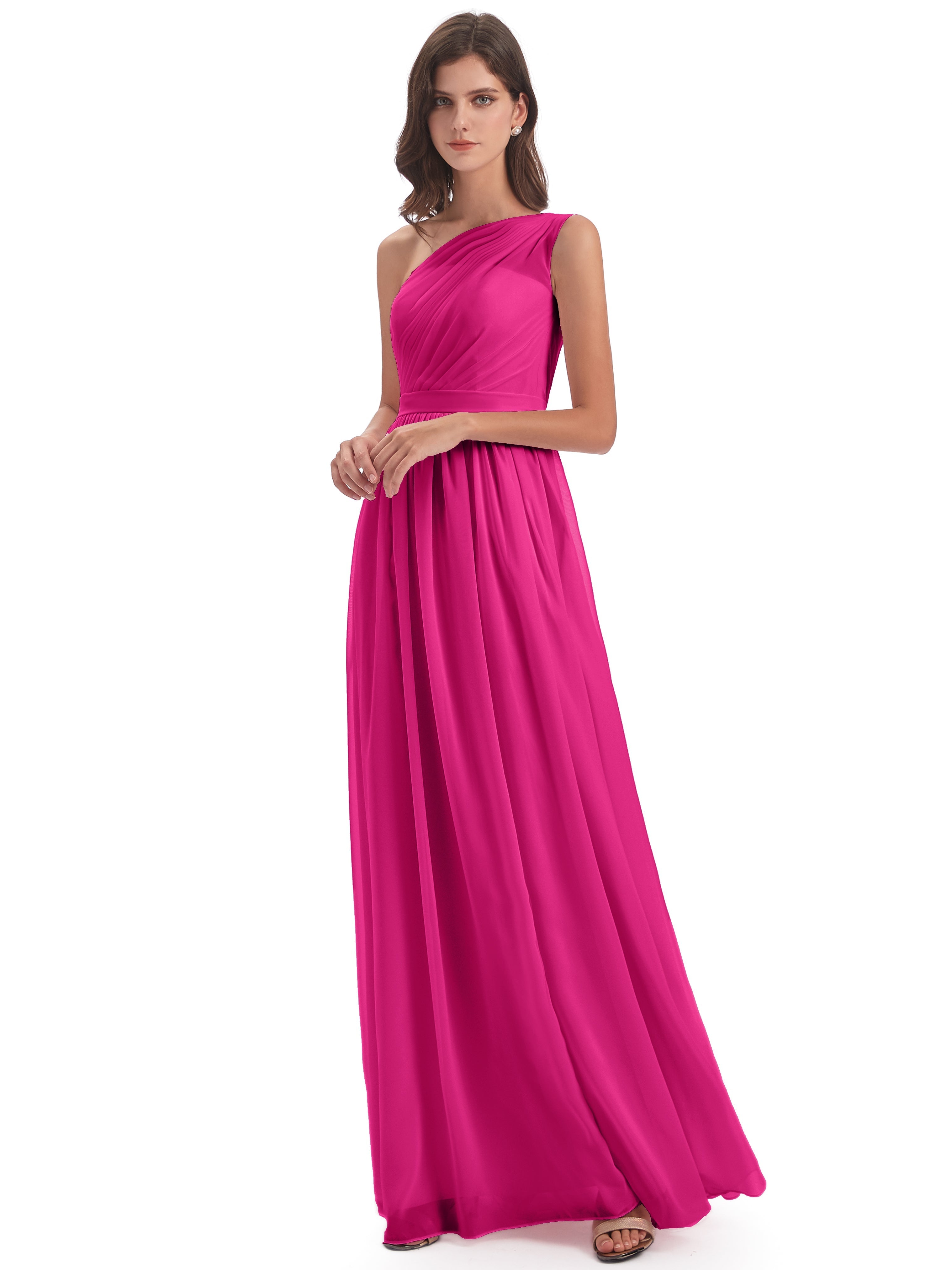 Robes De Demoiselle D'Honneur Couleur Rose Fuchsia Trapèze Seule-Épaule Mousseline Robes Demoiselle D'Honneur