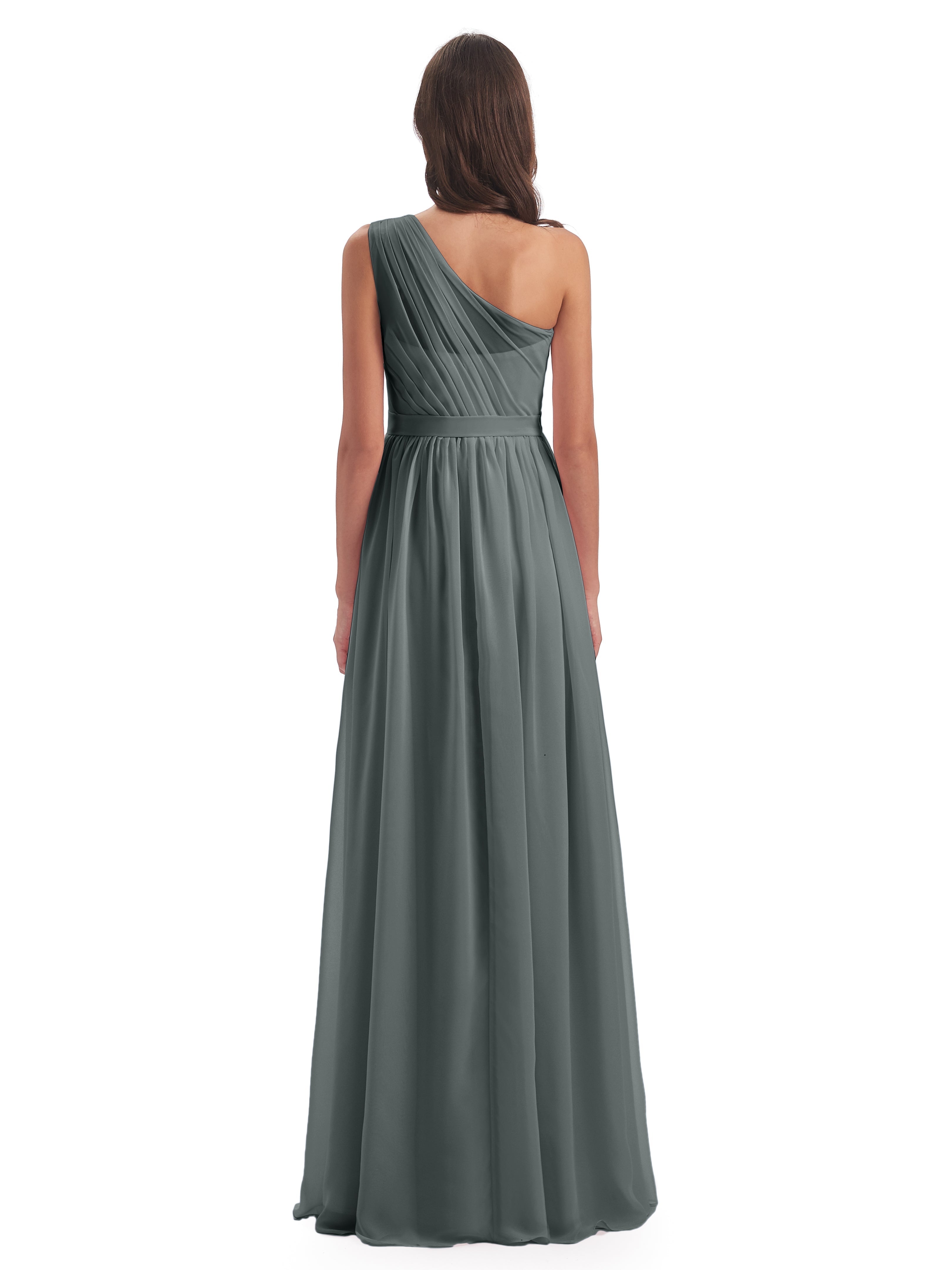 Robe Demoiselle D Honneur Grise Trapèze Seule-Épaule Mousseline Robes Demoiselle D'Honneur