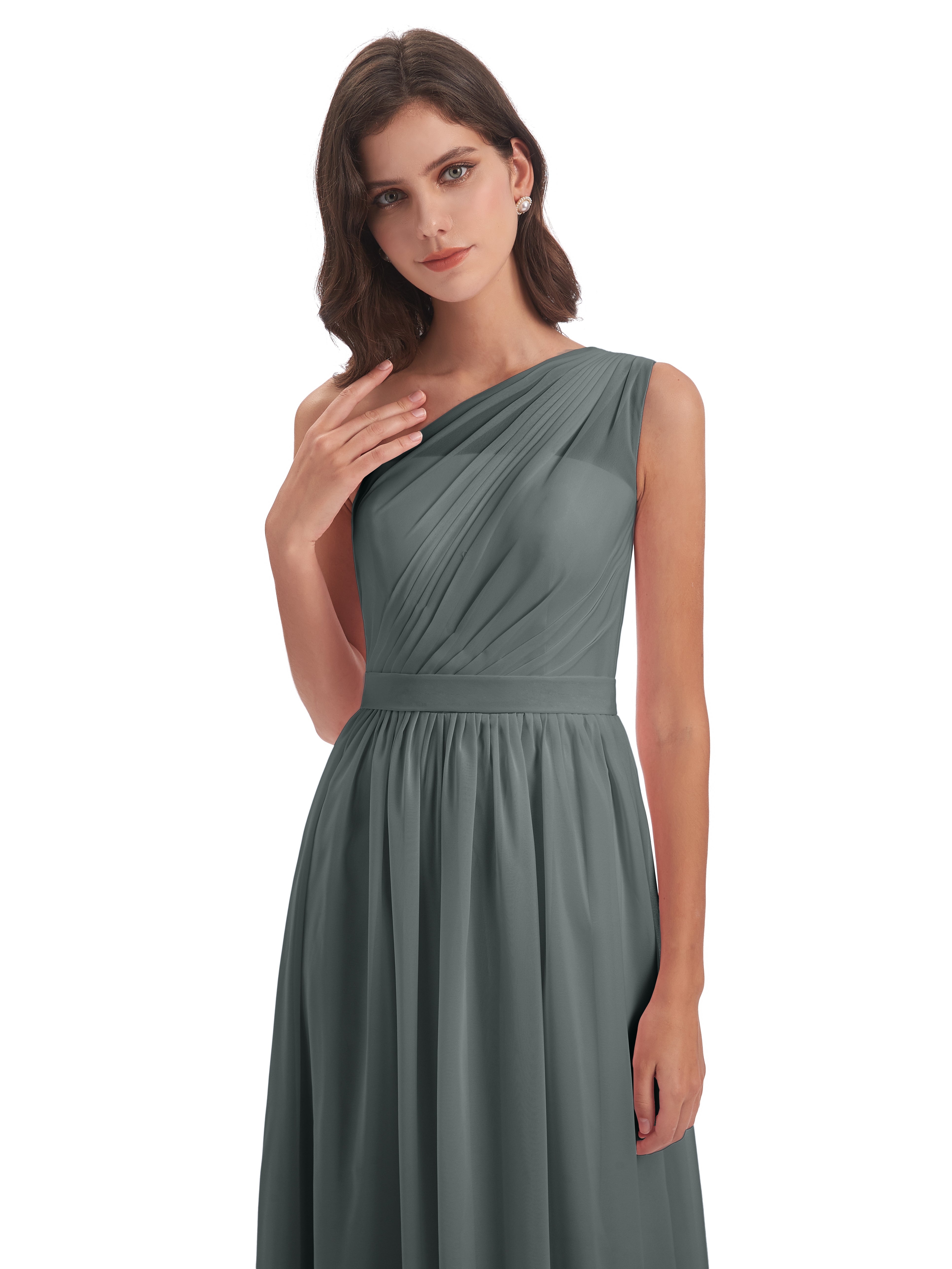 Robe Demoiselle D Honneur Grise Trapèze Seule-Épaule Mousseline Robes Demoiselle D'Honneur