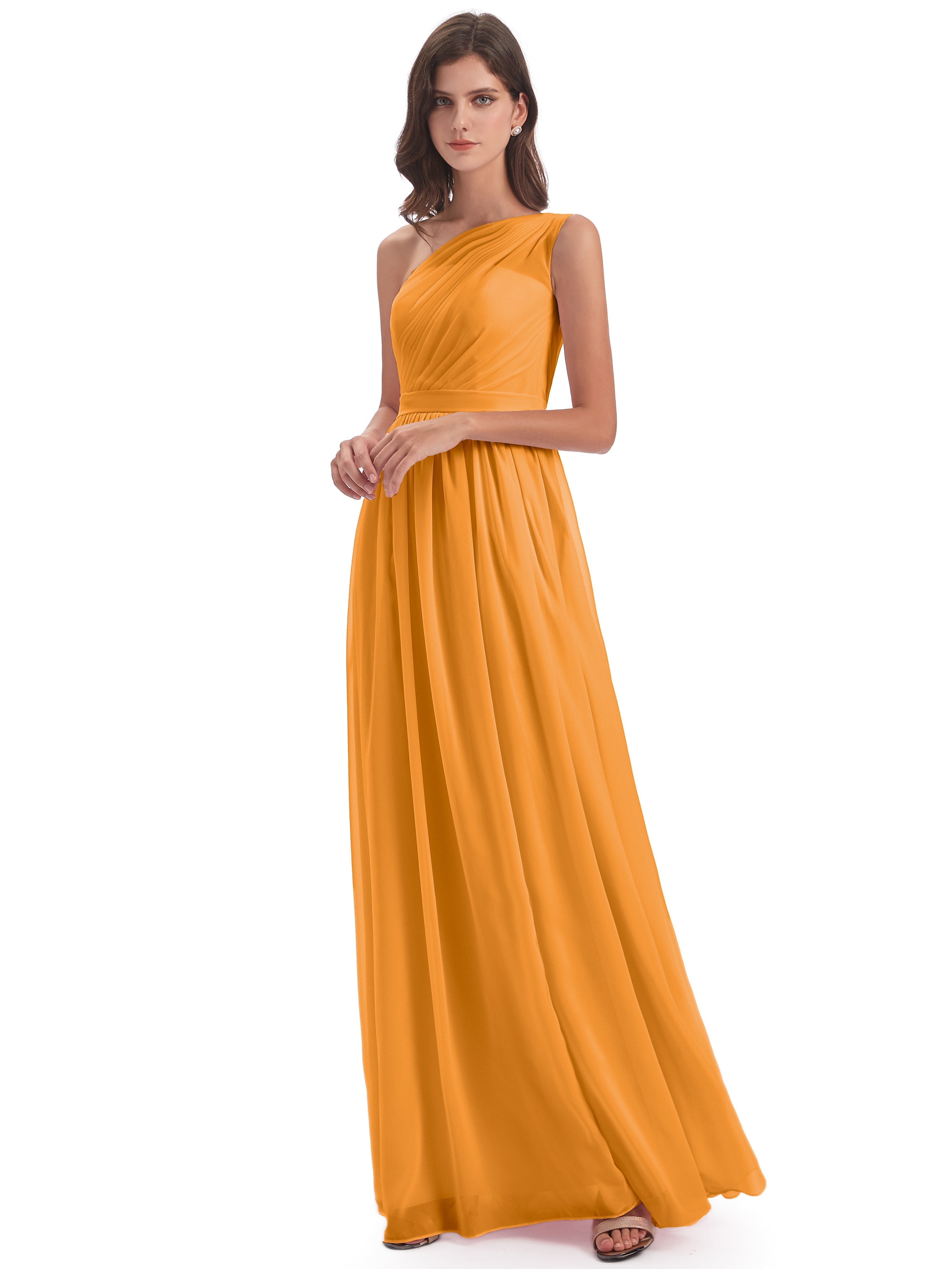 Robes De Demoiselle D'Honneur Mandarine A-ligne Seule-Épaule Mousseline Robes Demoiselle D'Honneur