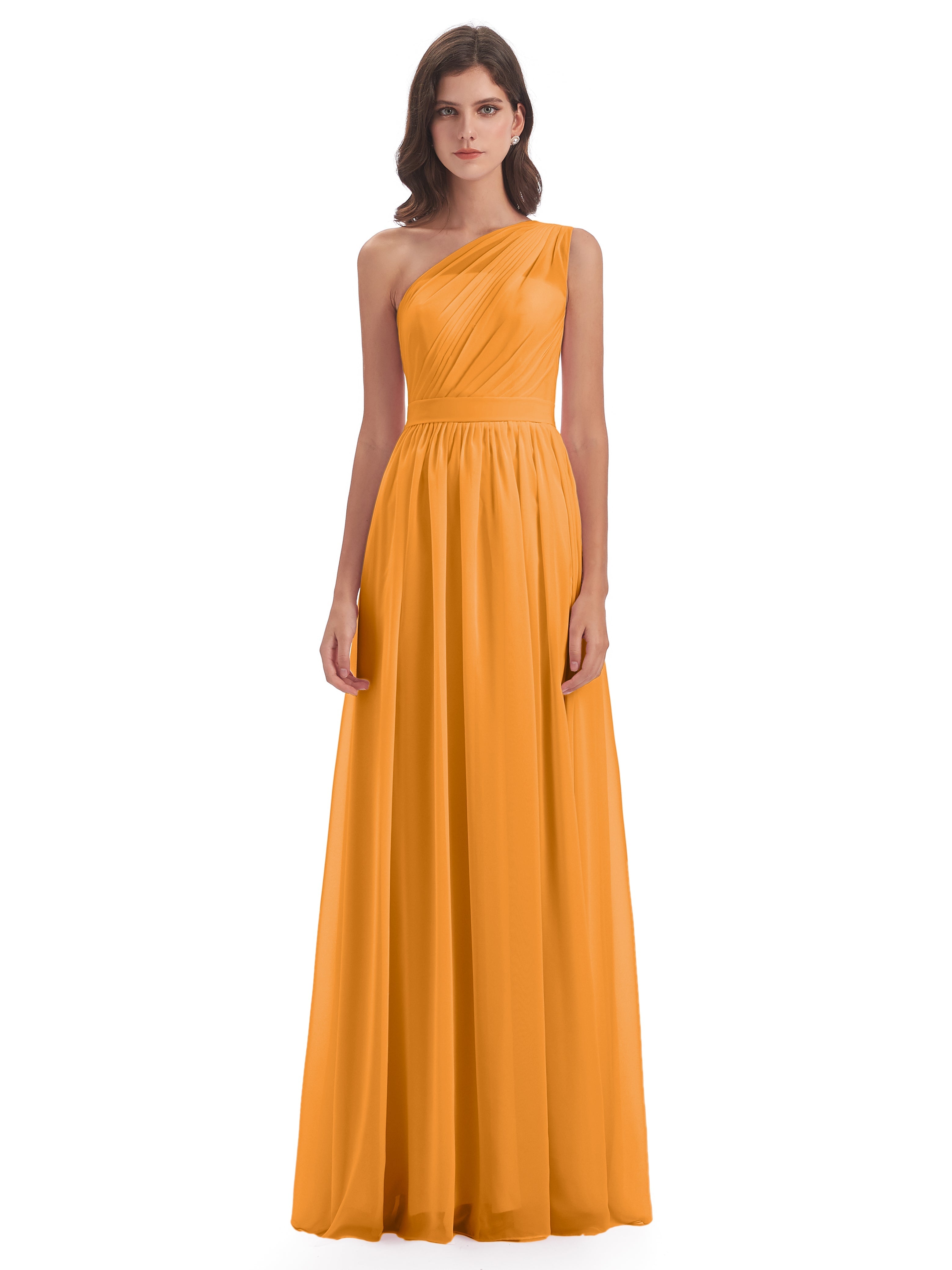 Robes De Demoiselle D'Honneur Mandarine A-ligne Seule-Épaule Mousseline Robes Demoiselle D'Honneur