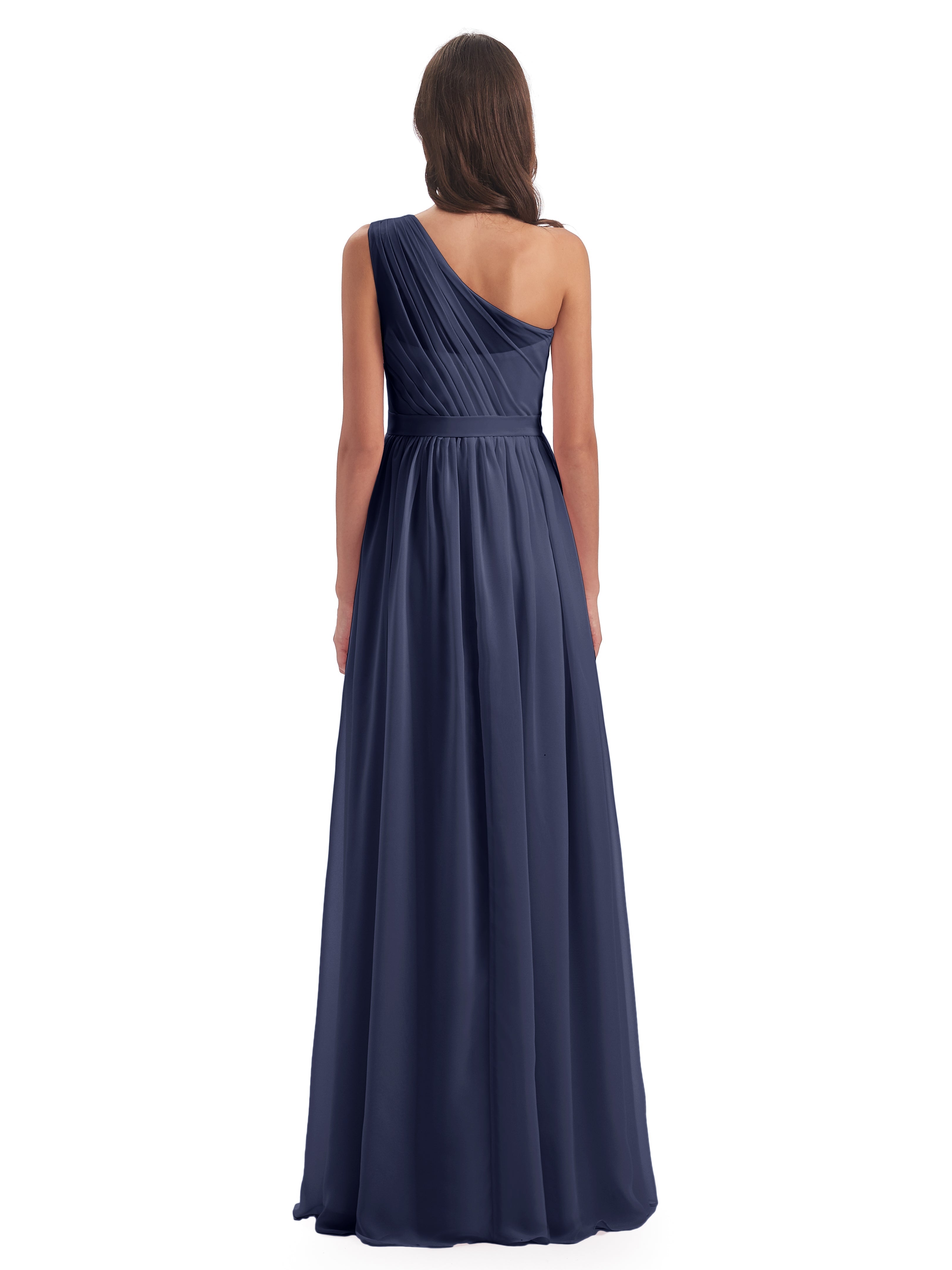 Robes De Demoiselle D'Honneur Bleu Orageux A-ligne Seule-Épaule Mousseline Robes Demoiselle D'Honneur