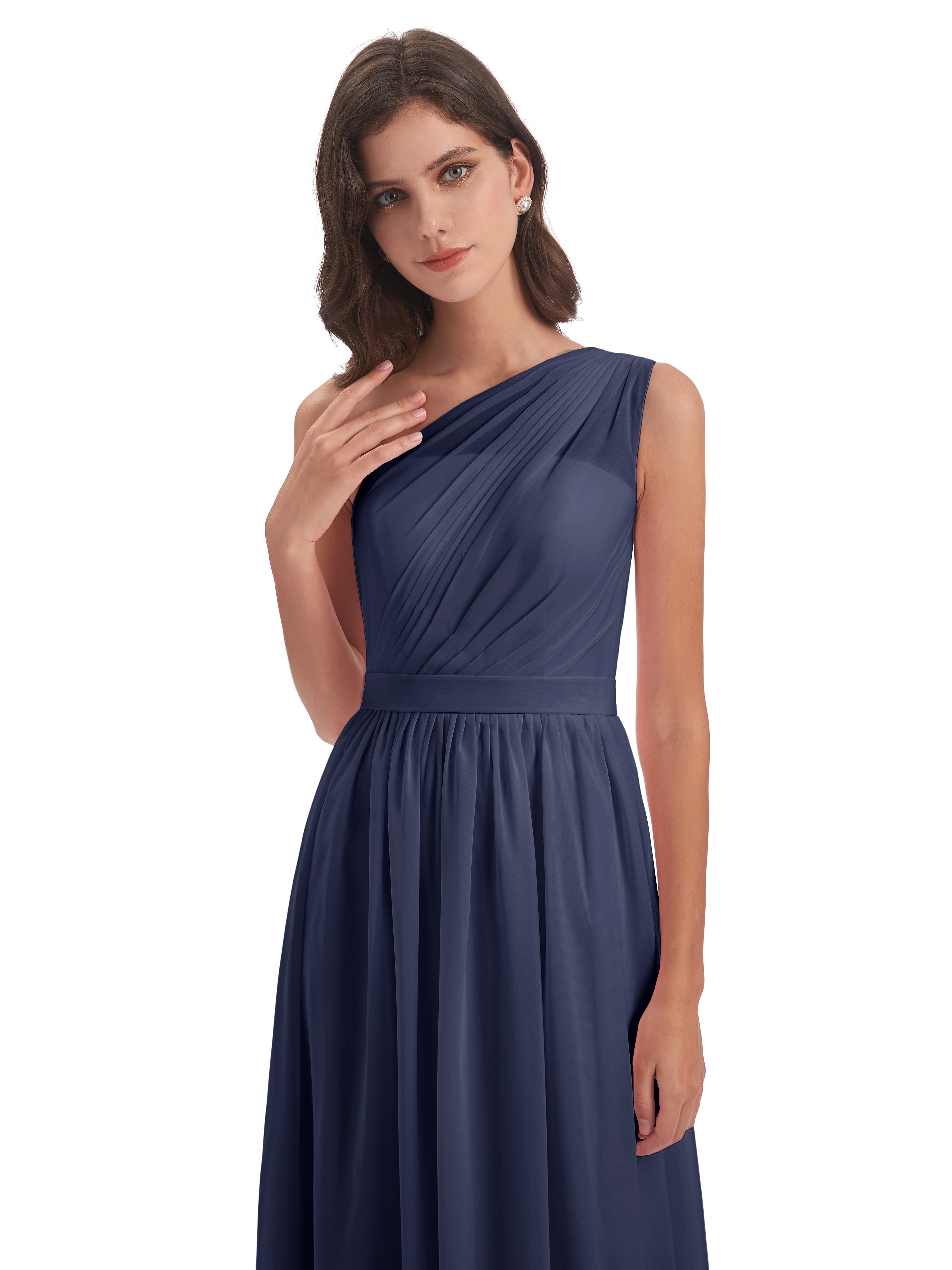 Robes De Demoiselle D'Honneur Bleu Orageux A-ligne Seule-Épaule Mousseline Robes Demoiselle D'Honneur