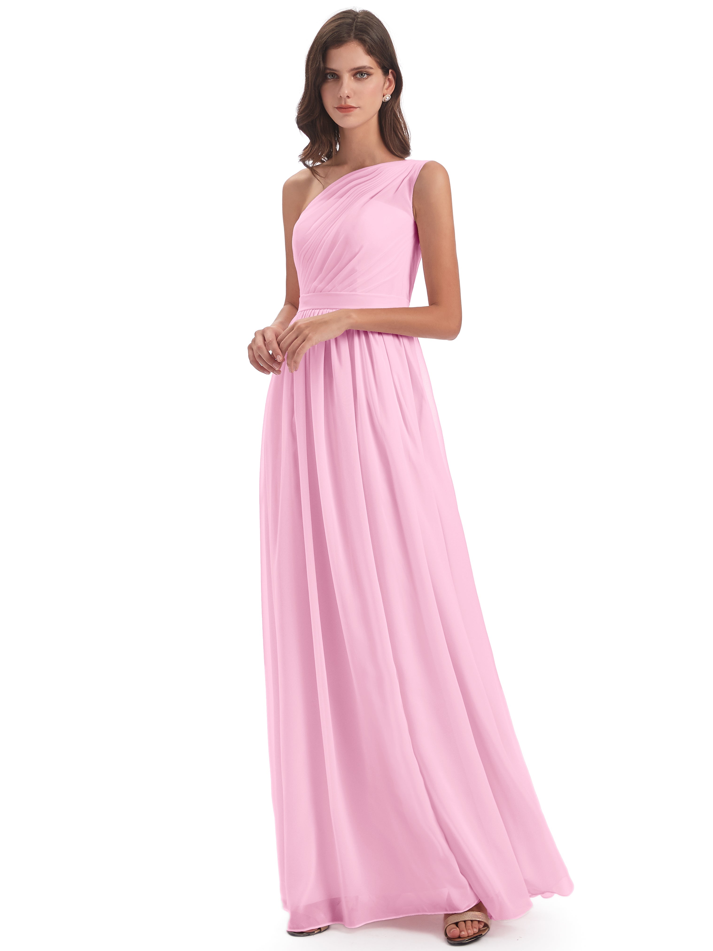 Robe Demoiselle D Honneur Rose Bonbon Trapèze Seule-Épaule Mousseline Robes Demoiselle D'Honneur