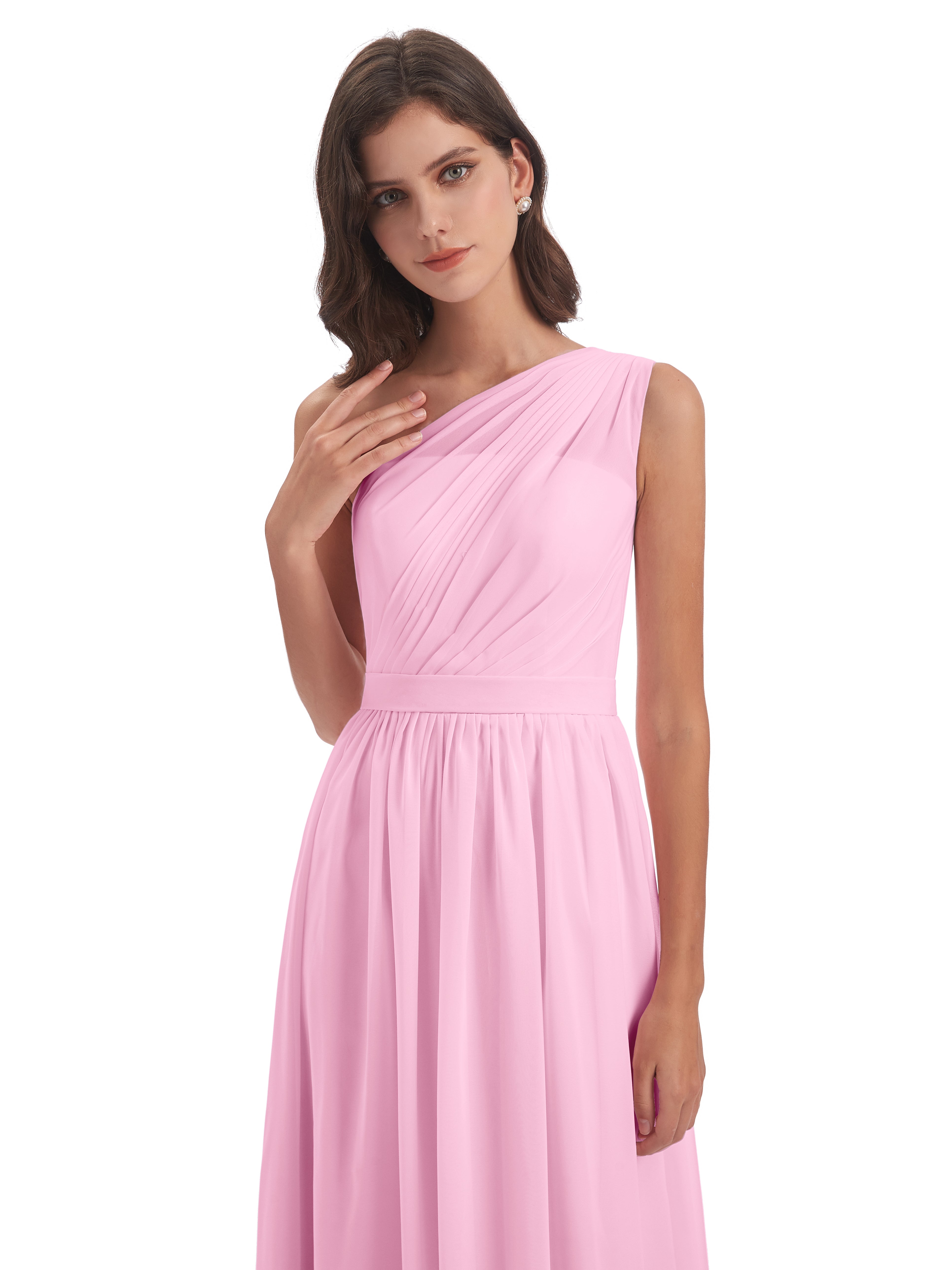 Robe Demoiselle D Honneur Rose Bonbon Trapèze Seule-Épaule Mousseline Robes Demoiselle D'Honneur