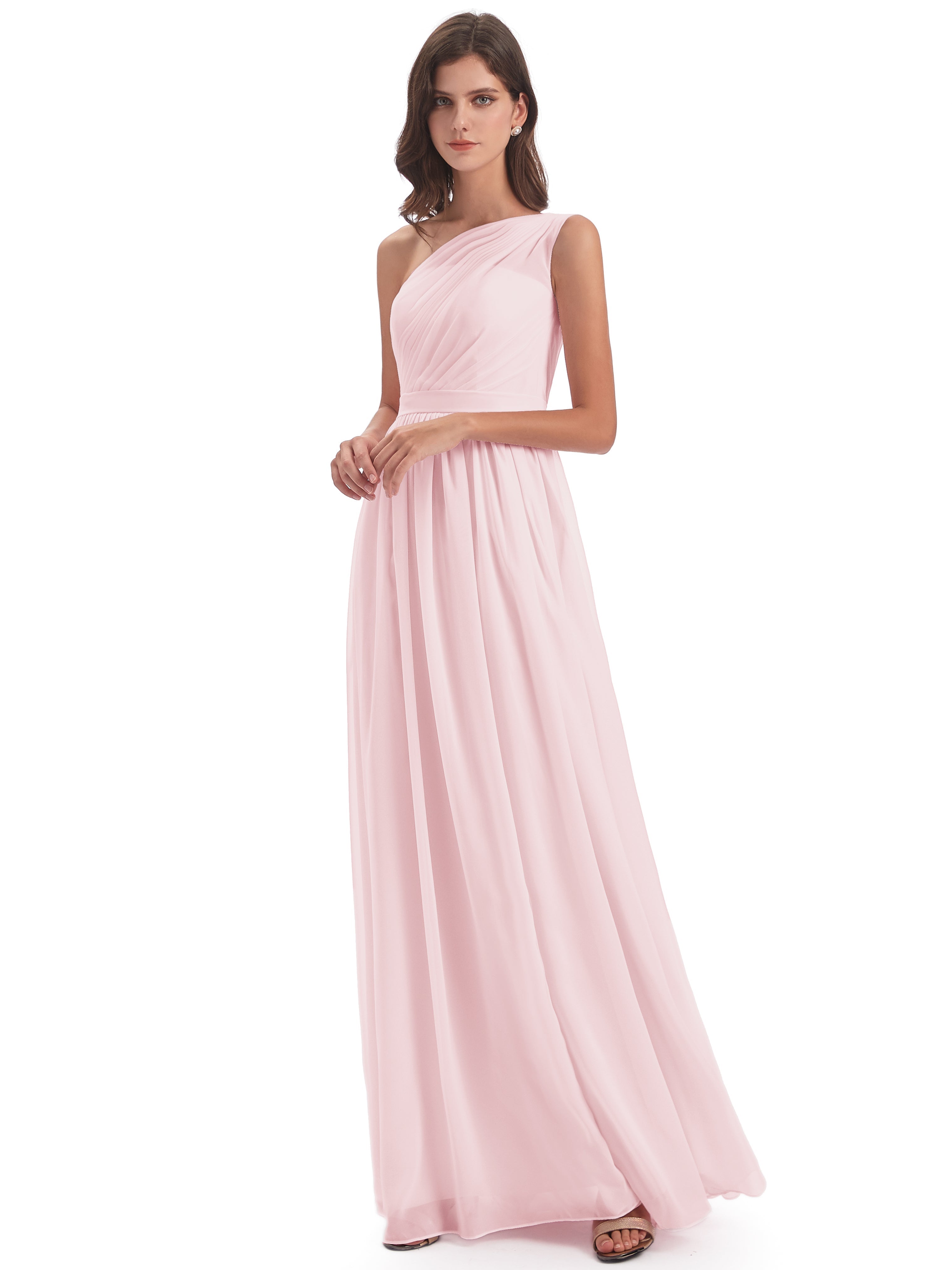 Robe Demoiselle D Honneur Rose Pale Trapèze Seule-Épaule Mousseline Robes Demoiselle D'Honneur