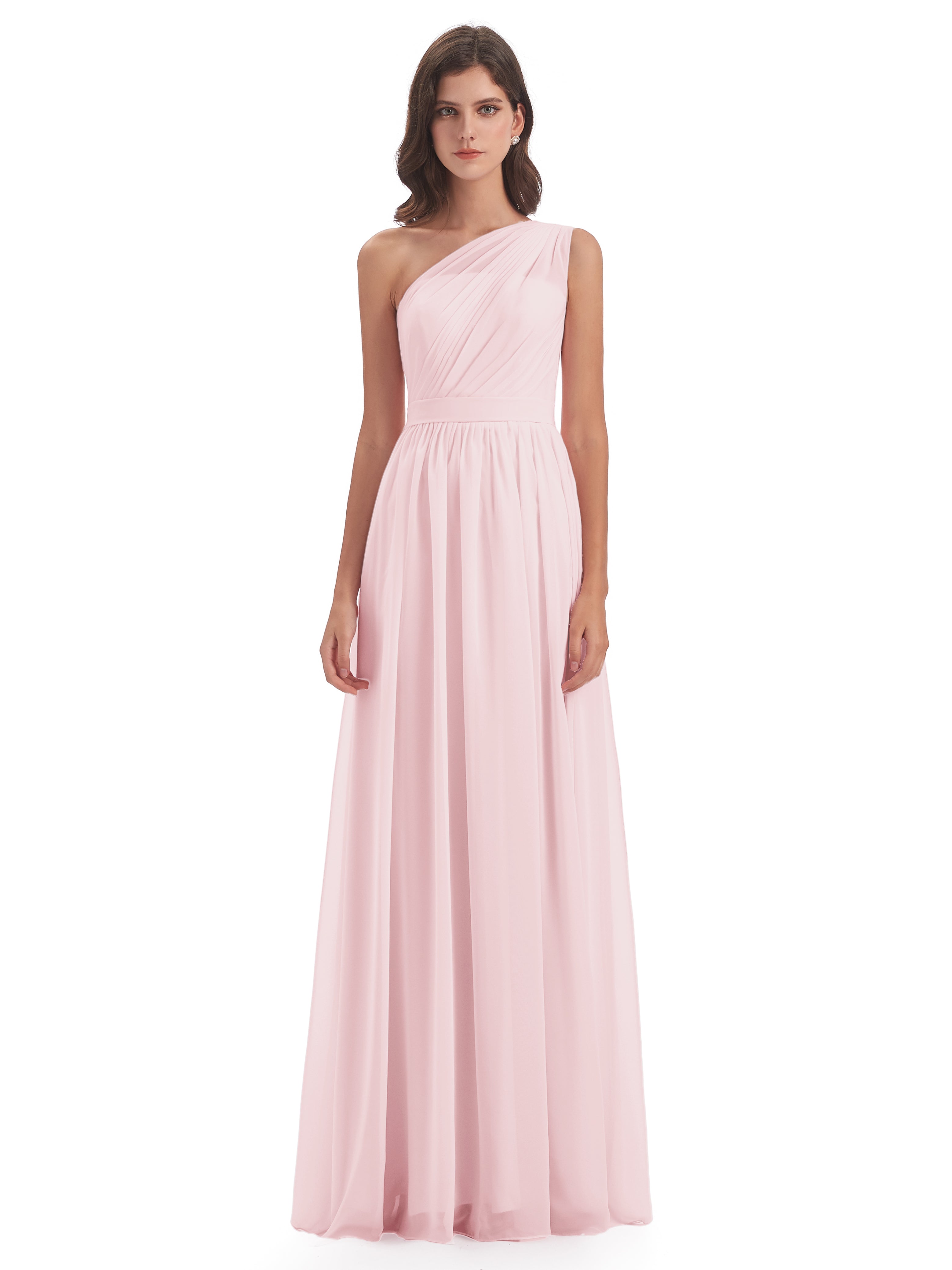 Robe Demoiselle D Honneur Rose Pale Trapèze Seule-Épaule Mousseline Robes Demoiselle D'Honneur