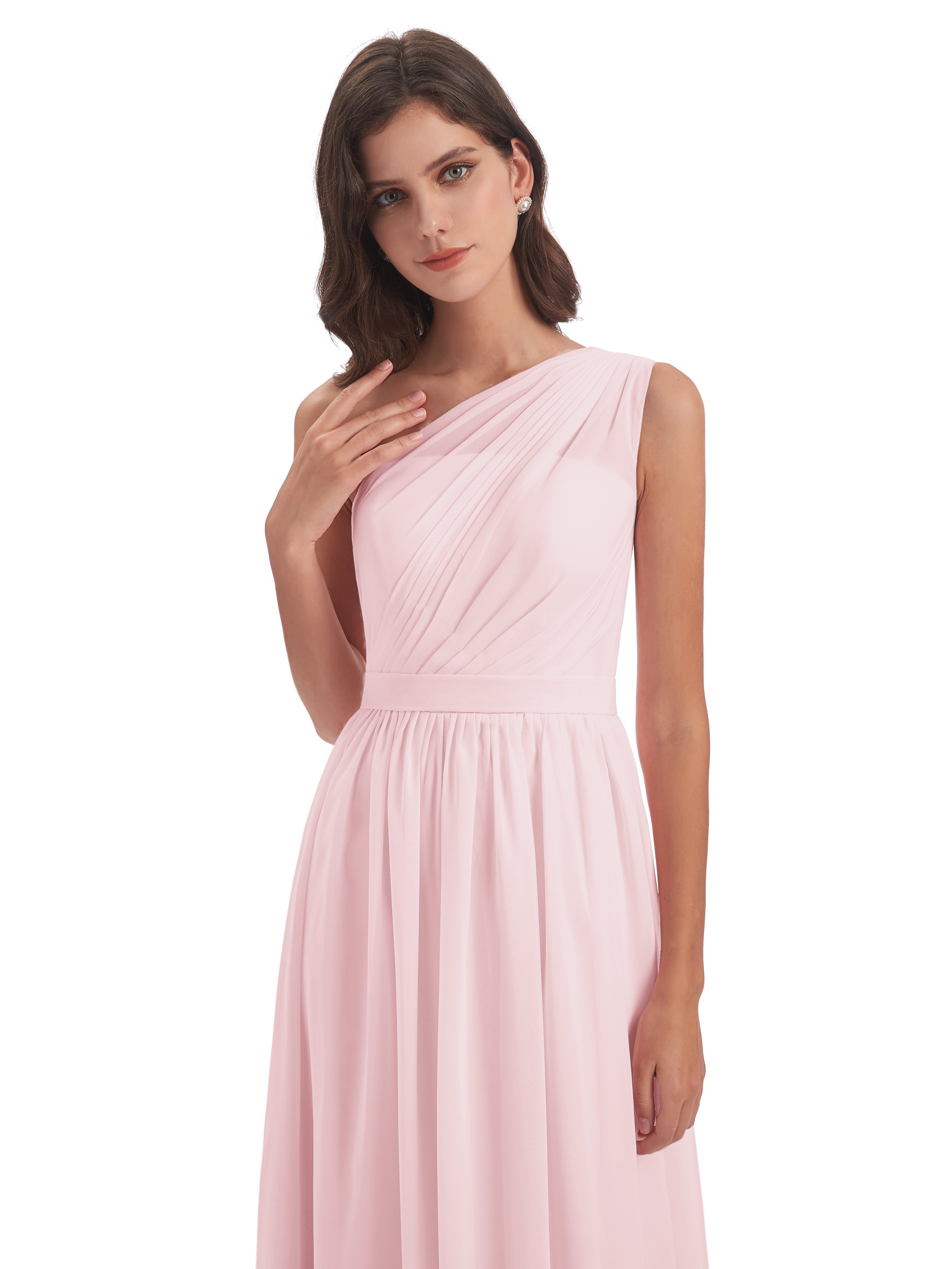 Robe Demoiselle D Honneur Rose Pale Trapèze Seule-Épaule Mousseline Robes Demoiselle D'Honneur