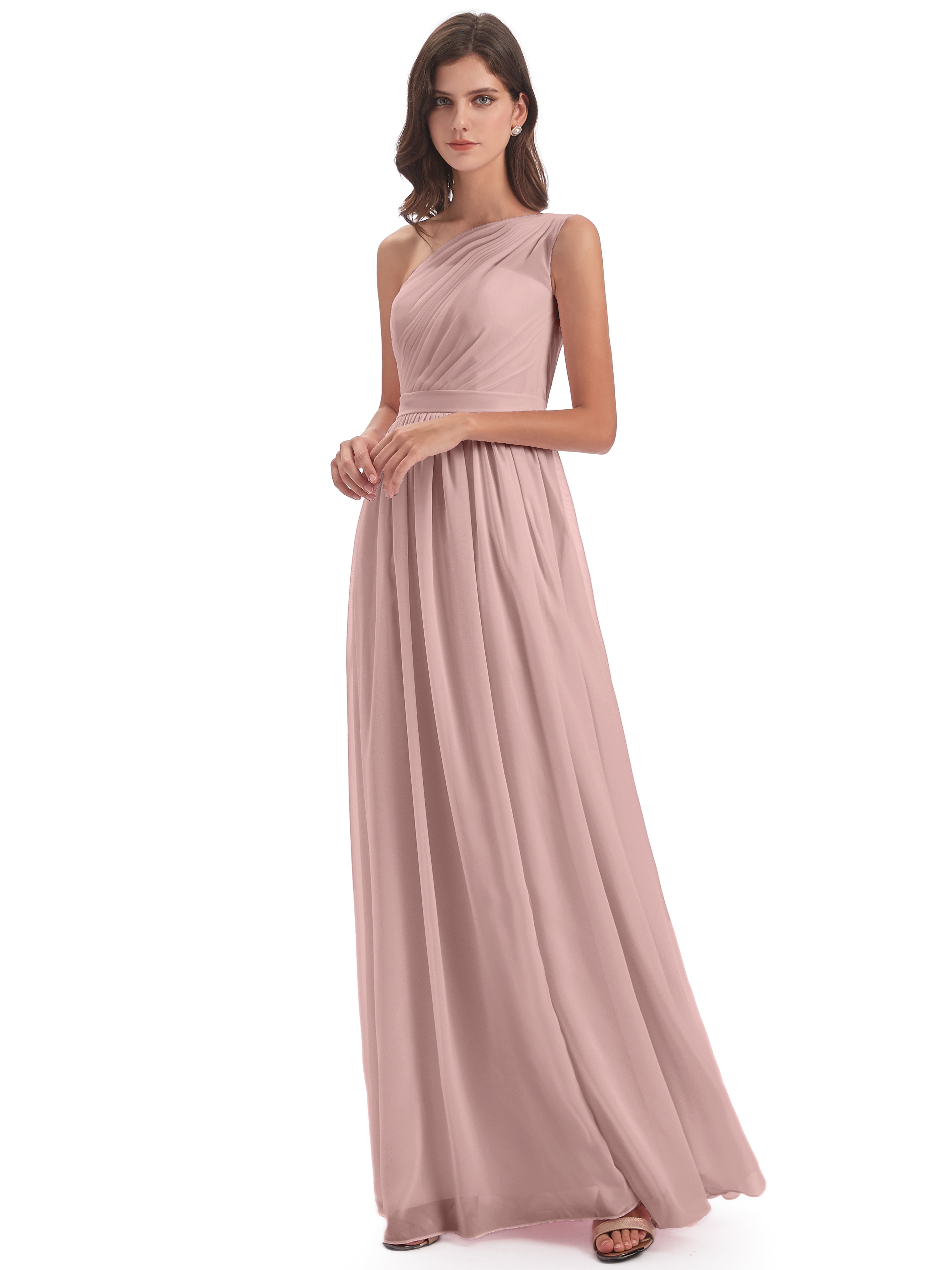 Robes De Demoiselle D'Honneur Couleur Rose Poudrée Trapèze Seule-Épaule Mousseline Robes Demoiselle D'Honneur