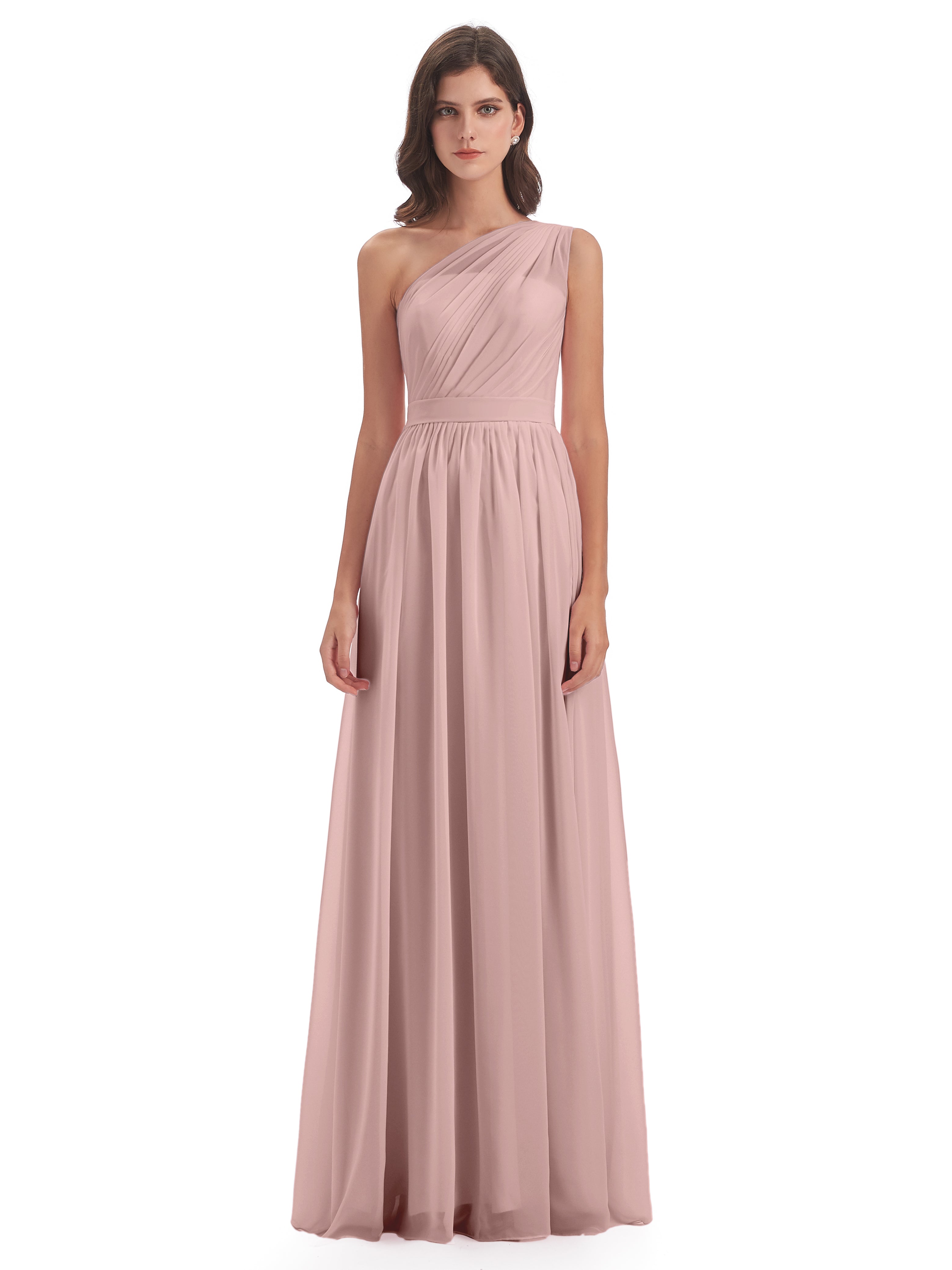 Robes De Demoiselle D'Honneur Couleur Rose Poudrée Trapèze Seule-Épaule Mousseline Robes Demoiselle D'Honneur