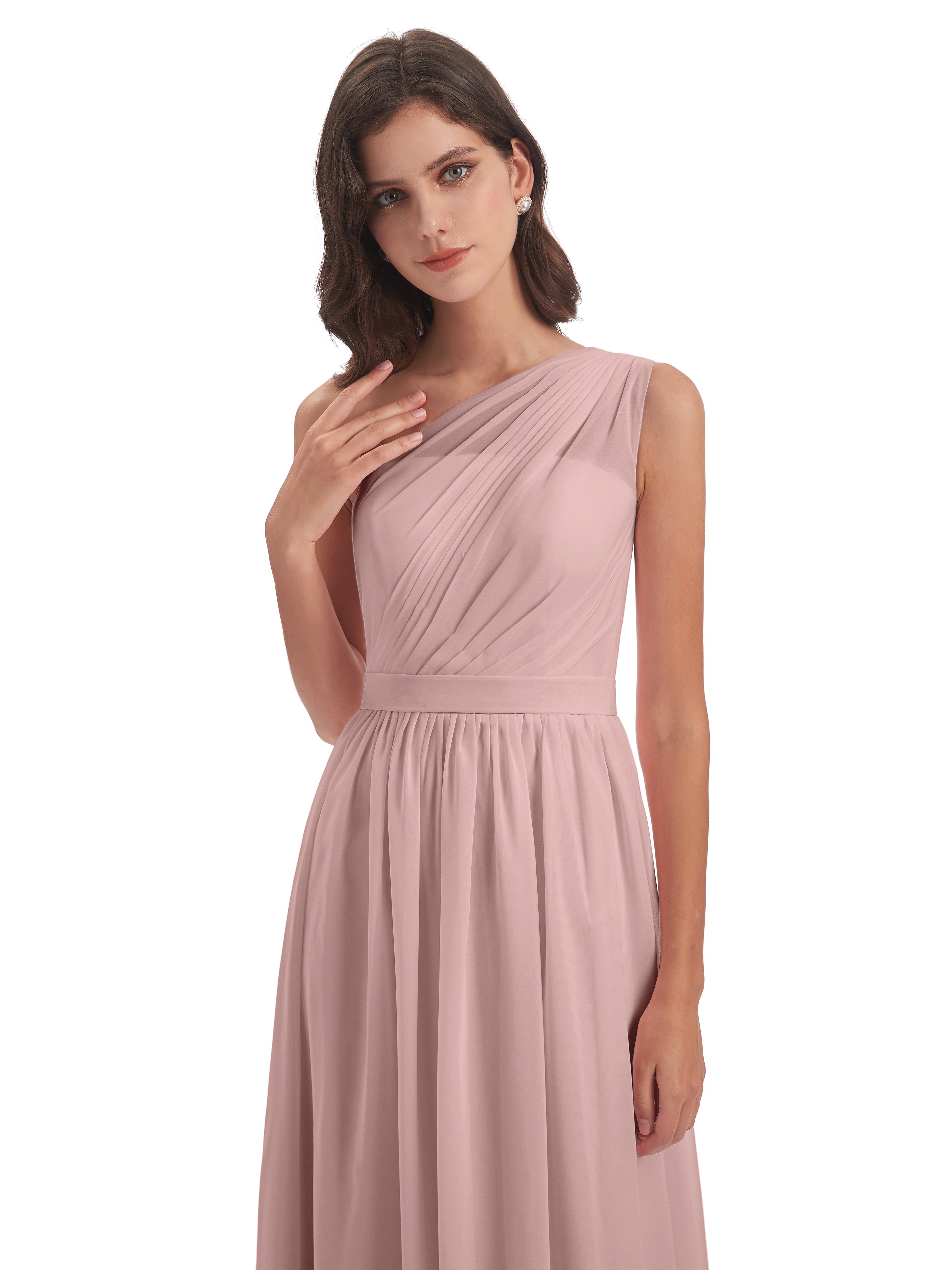 Robes De Demoiselle D'Honneur Couleur Rose Poudrée Trapèze Seule-Épaule Mousseline Robes Demoiselle D'Honneur