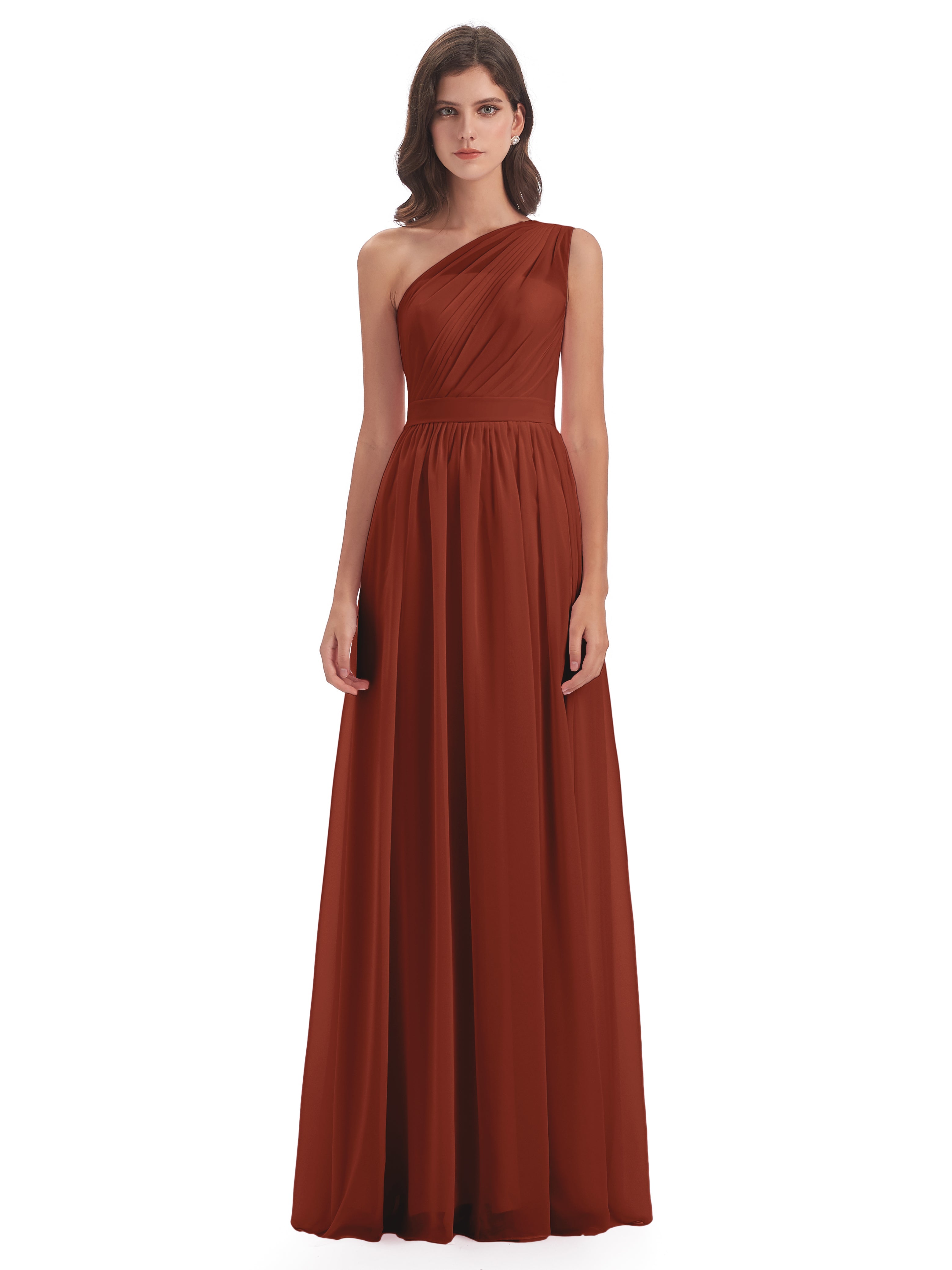 Robes De Demoiselle D'Honneur Couleur Rouille Trapèze Seule-Épaule Mousseline Robes Demoiselle D'Honneur