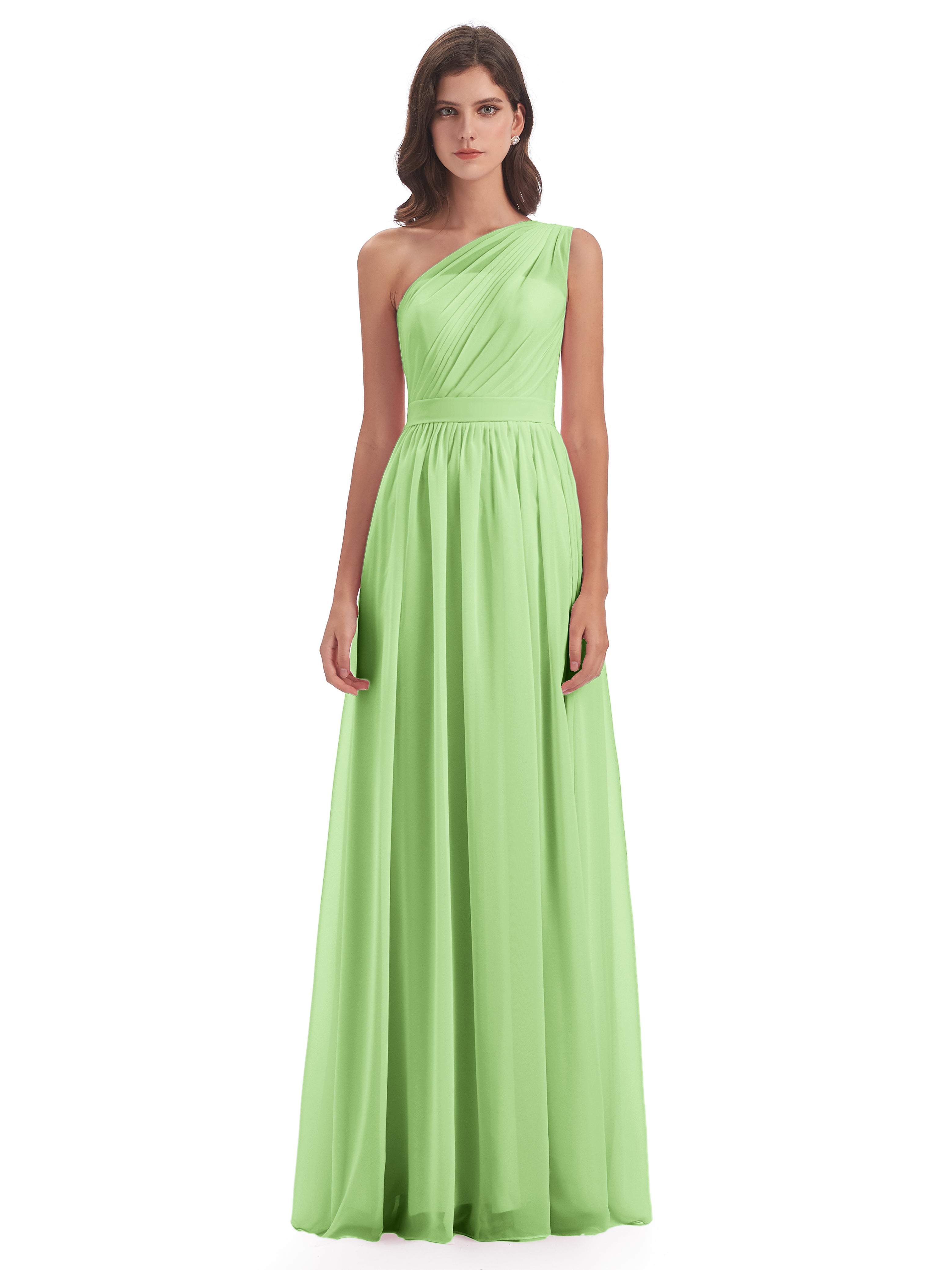 Demoiselle D'Honneur Vert Sauge Trapèze Seule-Épaule Mousseline Robes Demoiselle D'Honneur