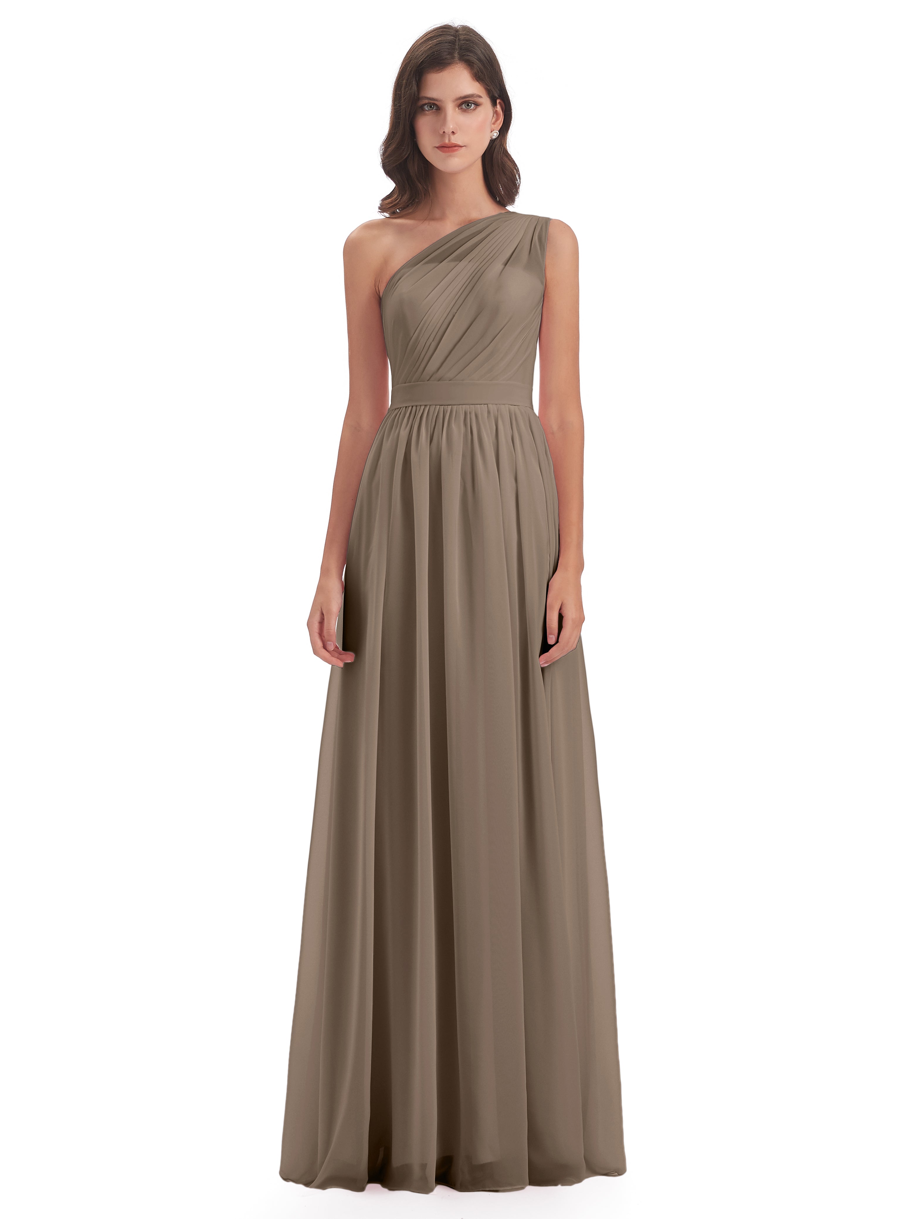Couleur Taupe Robe Trapèze Seule-Épaule Mousseline Robes Demoiselle D'Honneur
