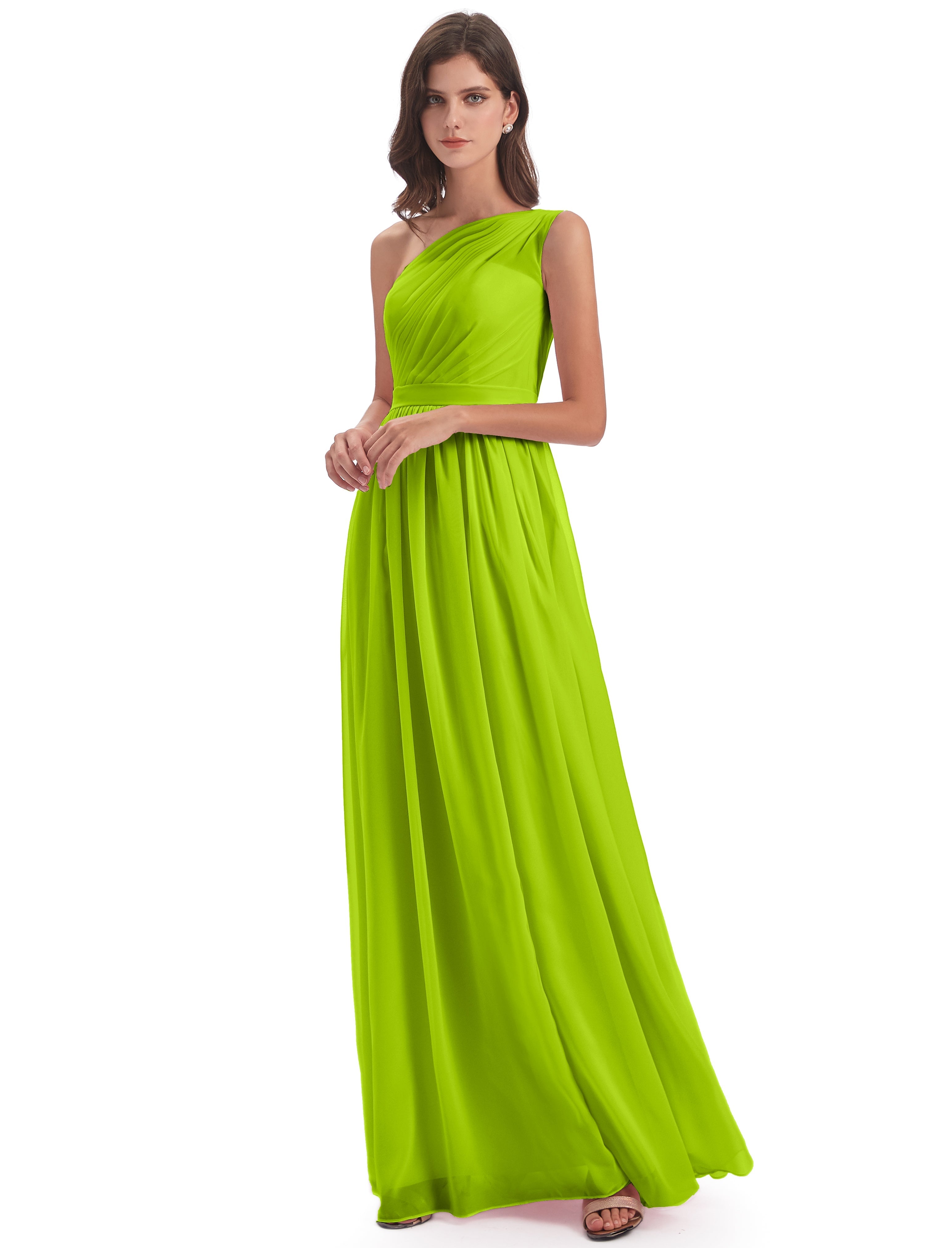 Robes De Demoiselle D'Honneur Vert Citron A-ligne Seule-Épaule Mousseline Robes Demoiselle D'Honneur