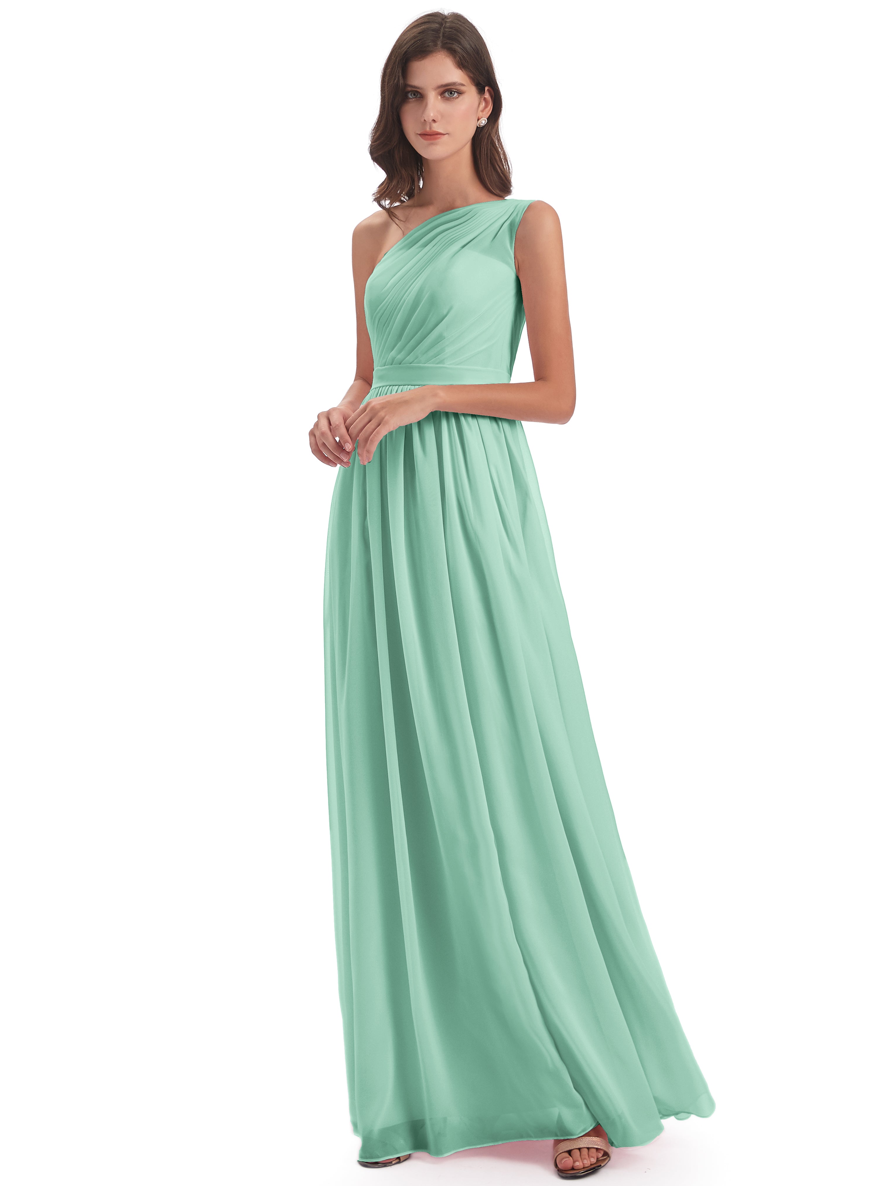 Robe Demoiselle D Honneur Vert Menthe Trapèze Seule-Épaule Mousseline Robes Demoiselle D'Honneur