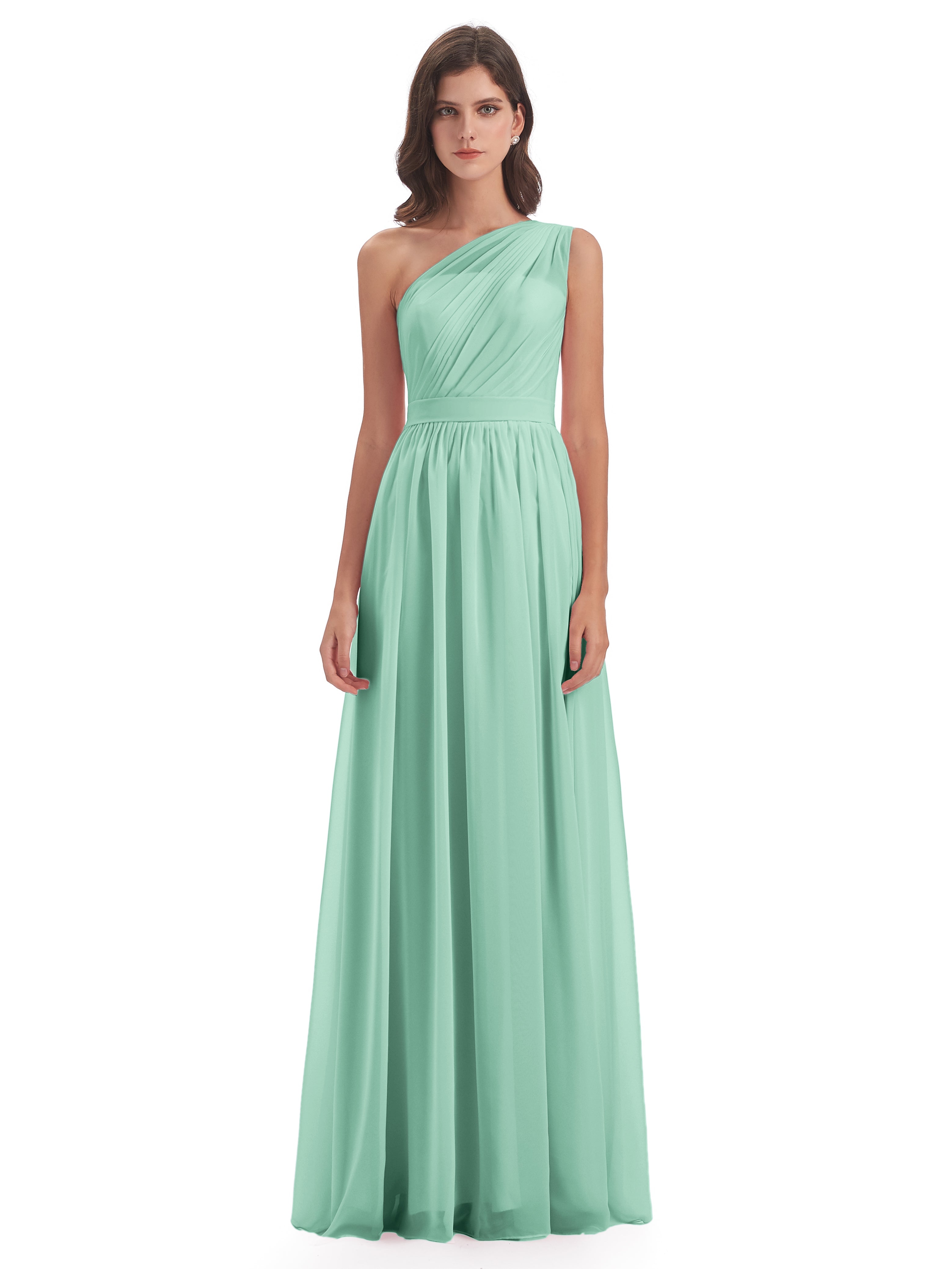 Robe Demoiselle D Honneur Vert Menthe Trapèze Seule-Épaule Mousseline Robes Demoiselle D'Honneur
