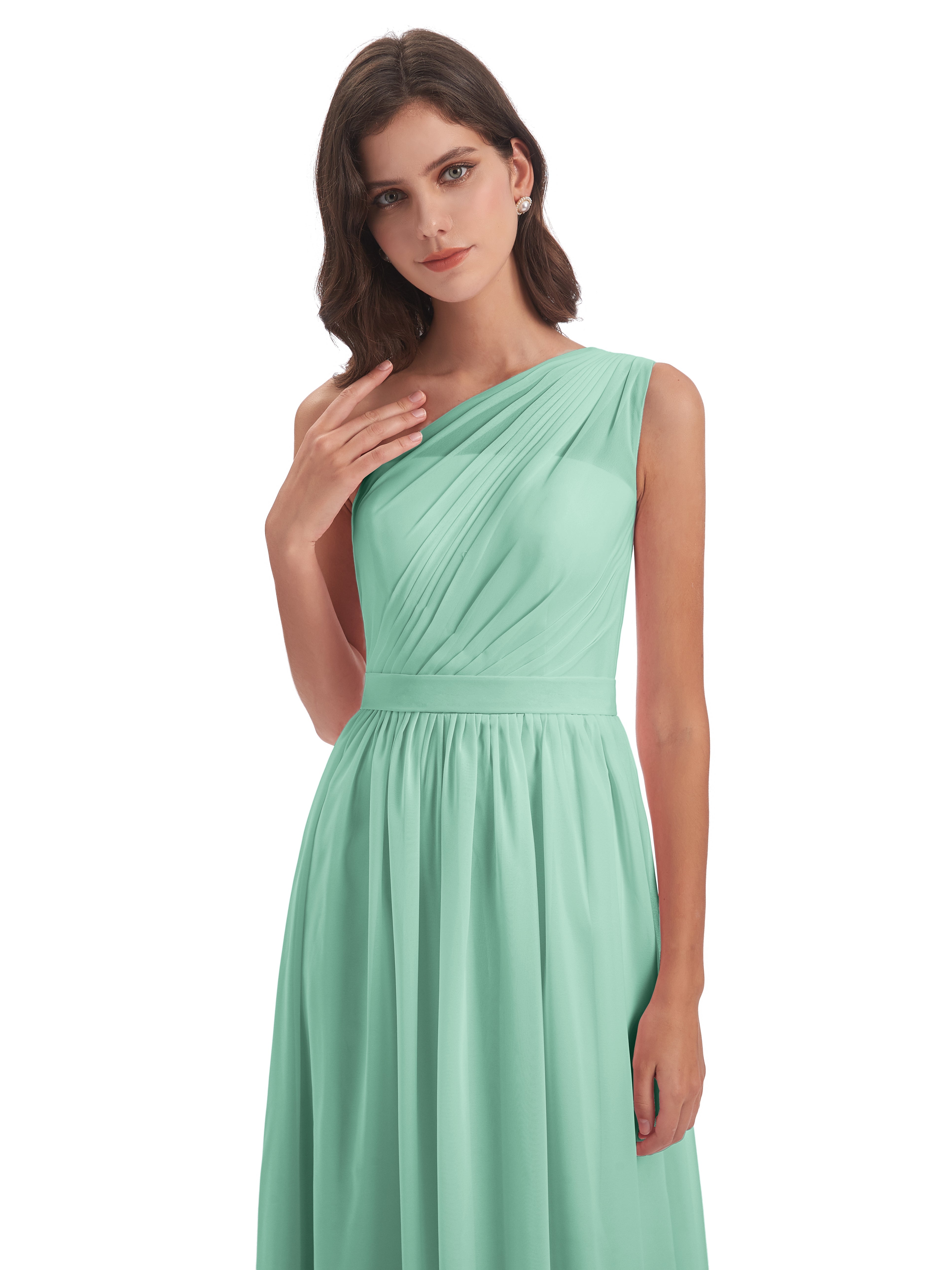 Robe Demoiselle D Honneur Vert Menthe Trapèze Seule-Épaule Mousseline Robes Demoiselle D'Honneur
