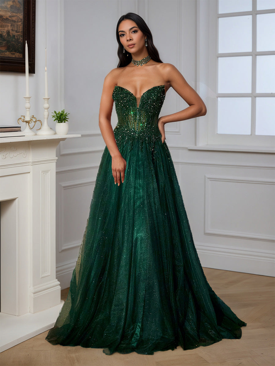Cicinia VERT FONCE Robe de Soirée Longue en Tulle Scintillant A-Line Sans Bretelles