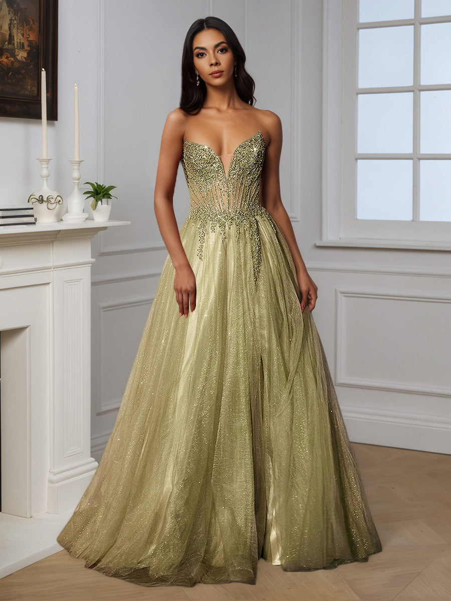 Cicinia Sauge Robe de Soirée Longue en Tulle Scintillant A-Line Sans Bretelles