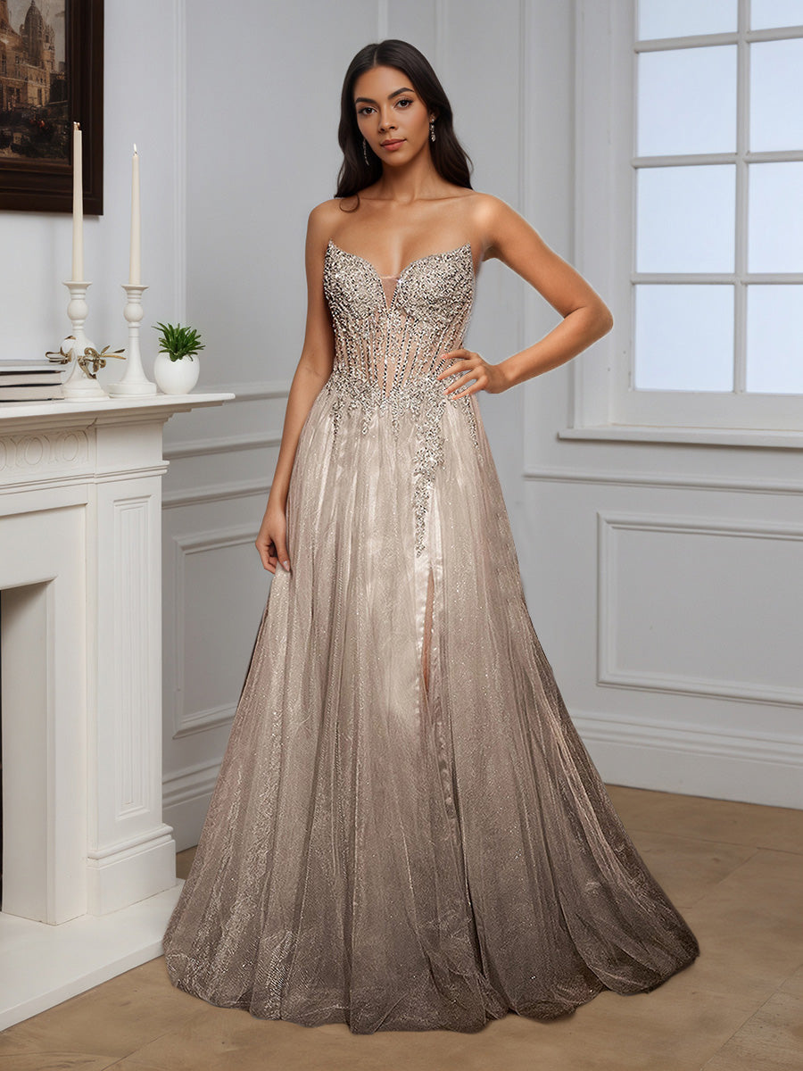 Cicinia Robe de Soirée Argent Longue en Tulle Scintillant A-Line Sans Bretelles