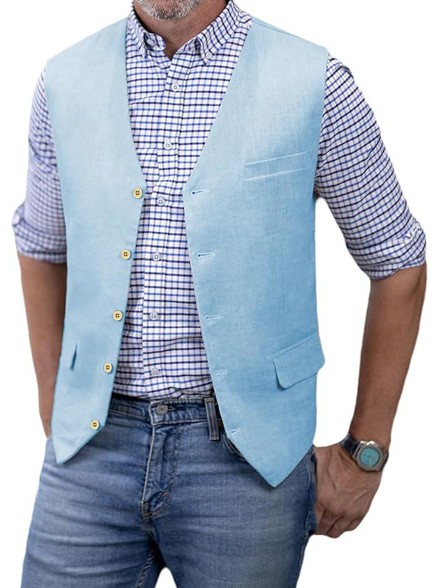 Gilet Décontracté en BLEU_CIEL en Coton-Lin Respirant Minimalisme Élégant pour Homme