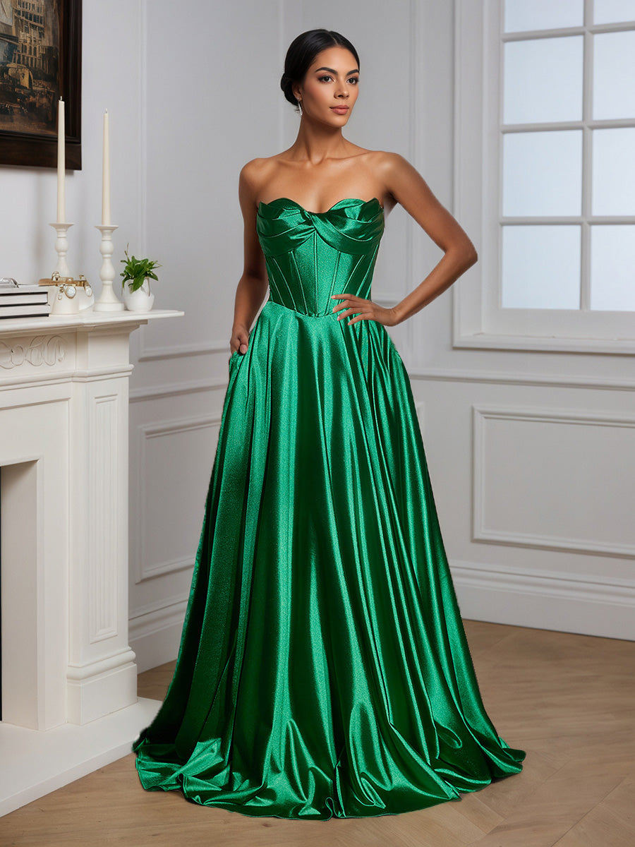 Cicinia Robe de Soirée Vert Longue en Satin Doux sans Bretelles Fente Épaules Dénudées