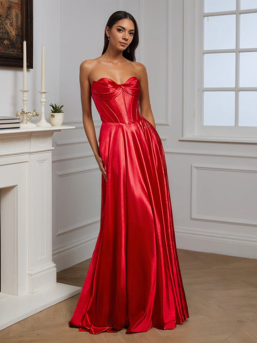 Cicinia Robe de Soirée Rouge Longue en Satin Doux sans Bretelles Fente Épaules Dénudées