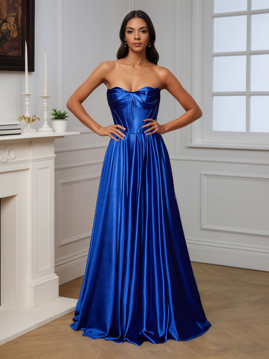 Cicinia Robe de Soirée BLEU ROYALE Longue en Satin Doux sans Bretelles Fente Épaules Dénudées