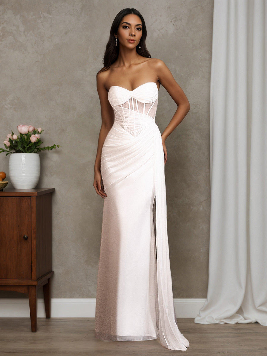 Cicinia Robe de Mariée Longue Fourreau Ivoire en Mousseline Élégante et Épurée