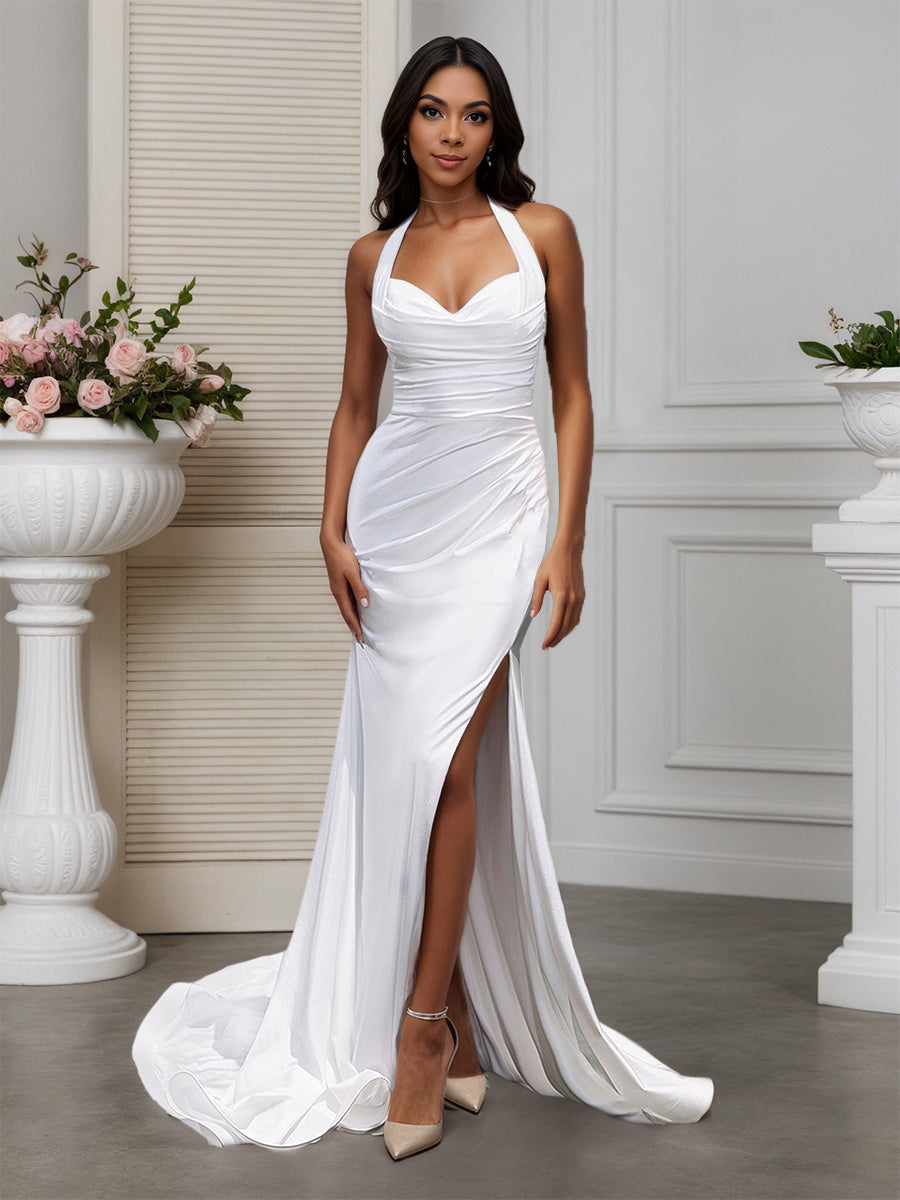 Cicinia Robe de Mariée Sirène Longue Halter Décolleté Cœur ruchée Élégante